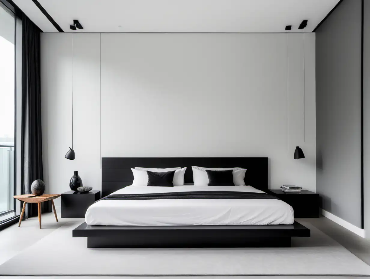 Commercial Photography, modern minimalist bedroom interior with  black bed