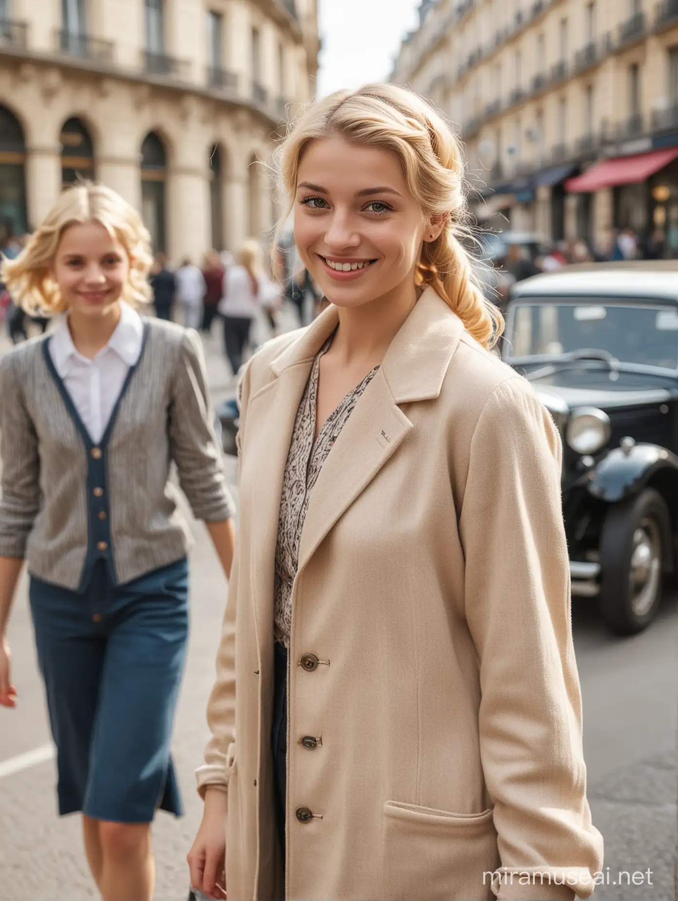 Fashion portrait of a beautiful Parisian woman from the 1920s with blonde hair, twintails, smiling, looking
spectator, wearing fashionable clothes walking down the streets of Paris
During the day, accompanied by two children who are happy full-body shot, a car parked in the middle of the street is blurred, a 50mm f1.4.