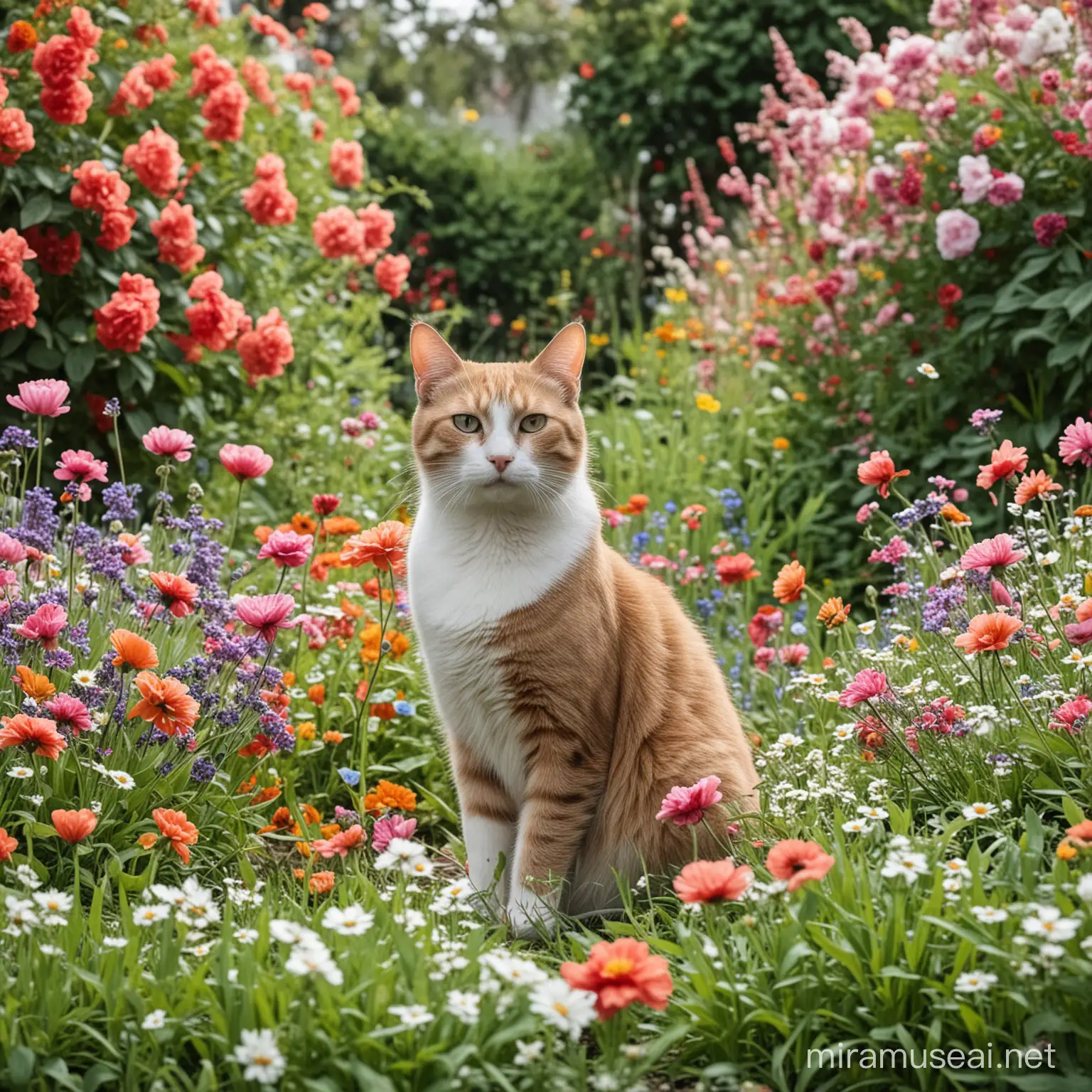 A CAT IN A GARDEN FULL OF FLOWERS