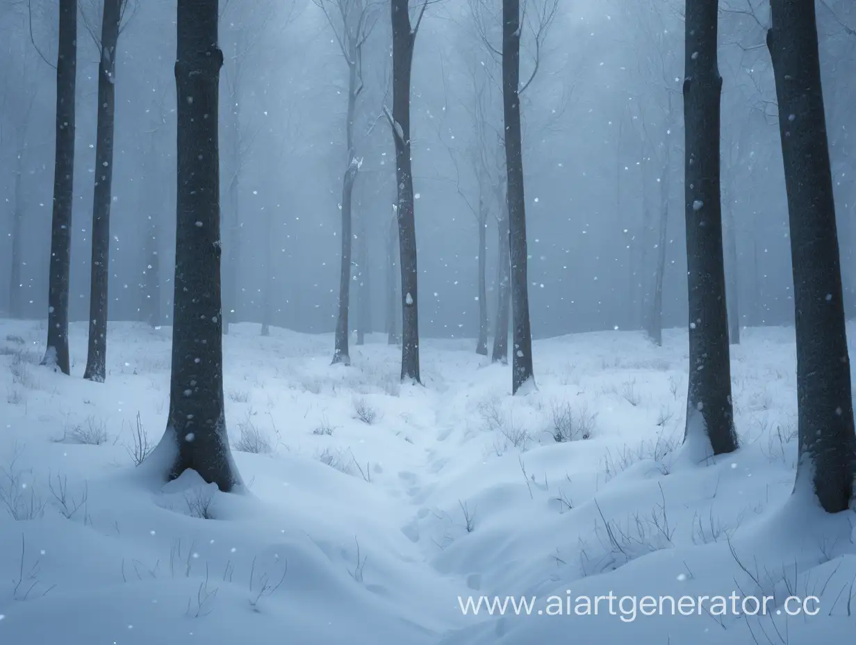 Serene-Minimalist-Snowfall-in-Forest-Glade-at-Late-Evening