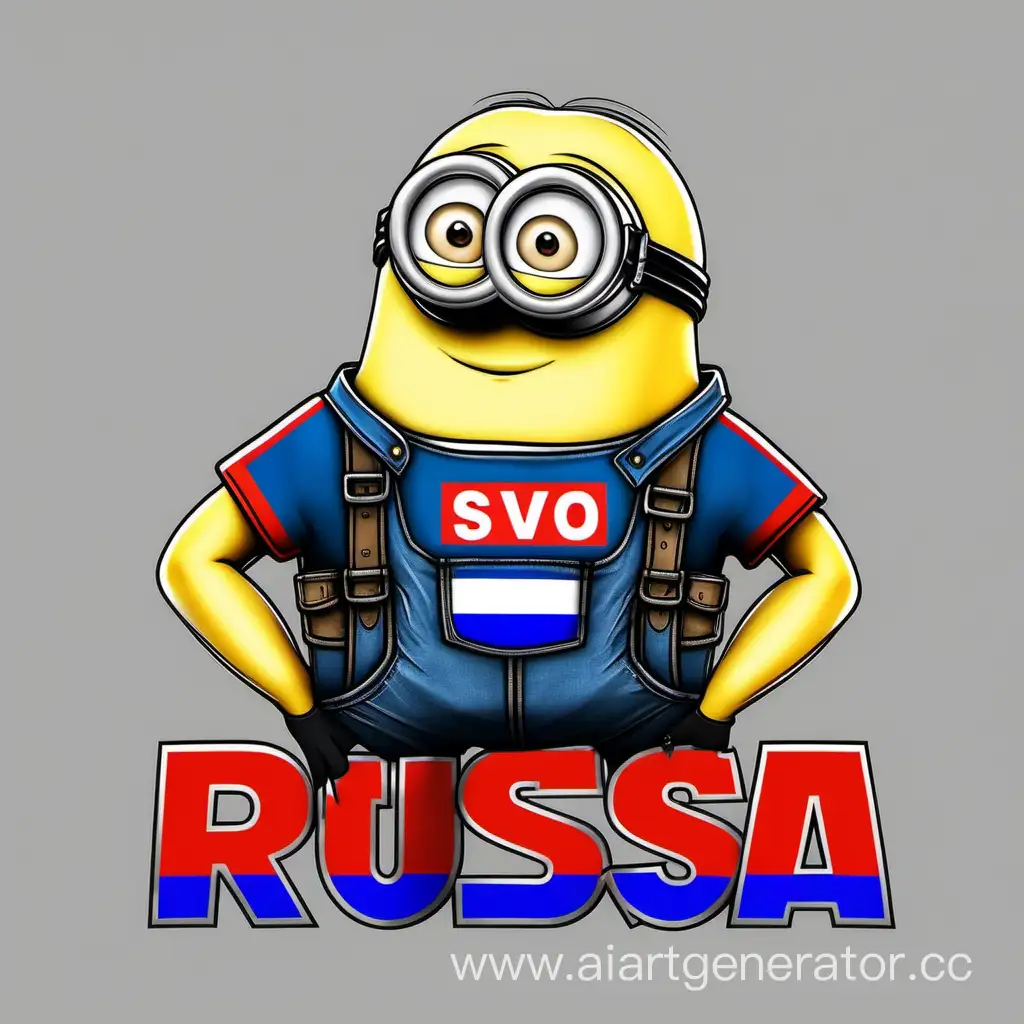 a big pumped-up minion with a T-shirt in the color of the flag of Russia on which the word SVO is written holds a small pig