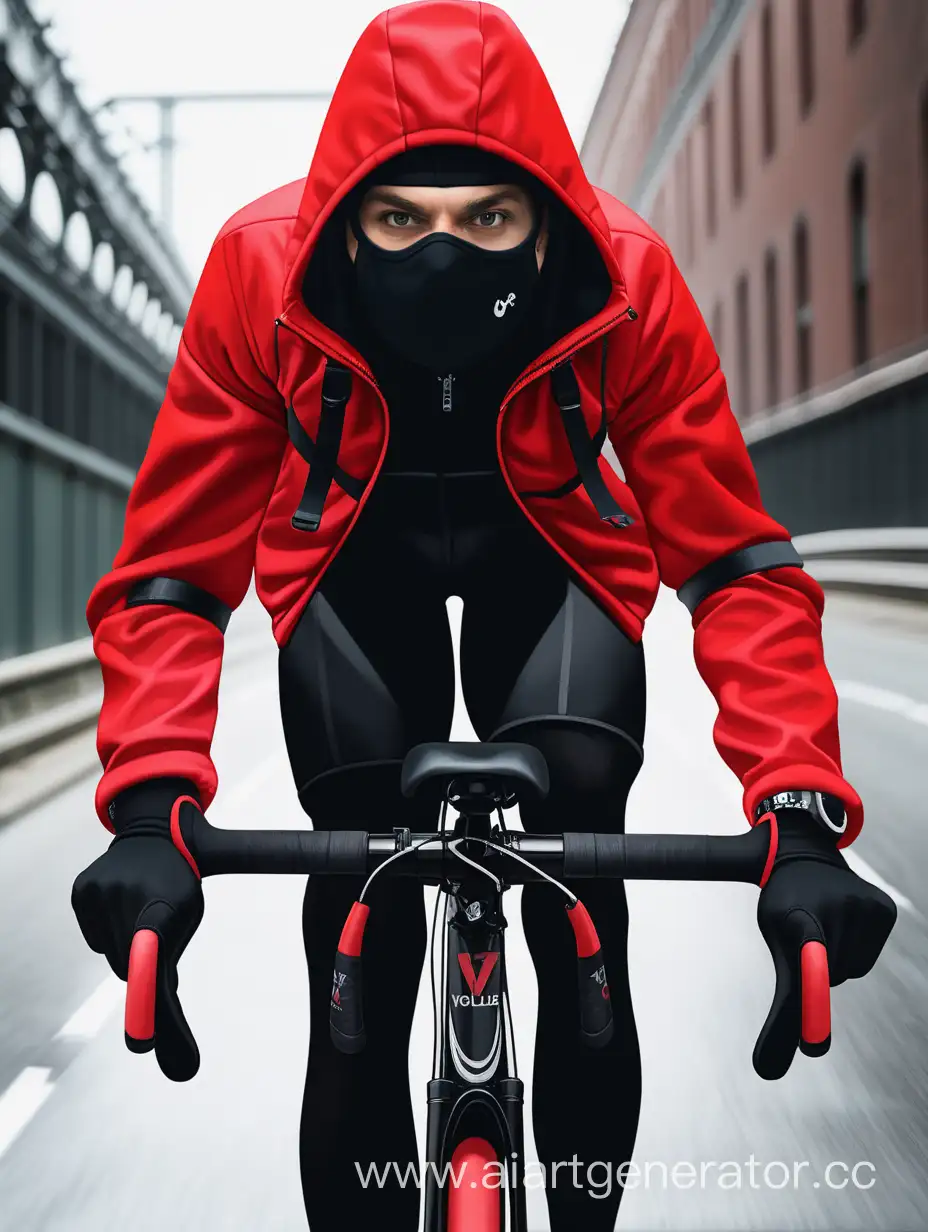 Велокурер в яркоалый  куртке с капюшоном и черной маской  