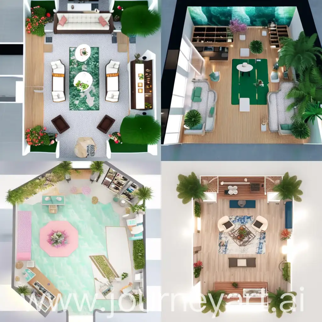 unique tropical architectural floor plan as inspiration for fabric show room with virtual visualizer for the fabric on the wall, with fabric display, and seating area, 