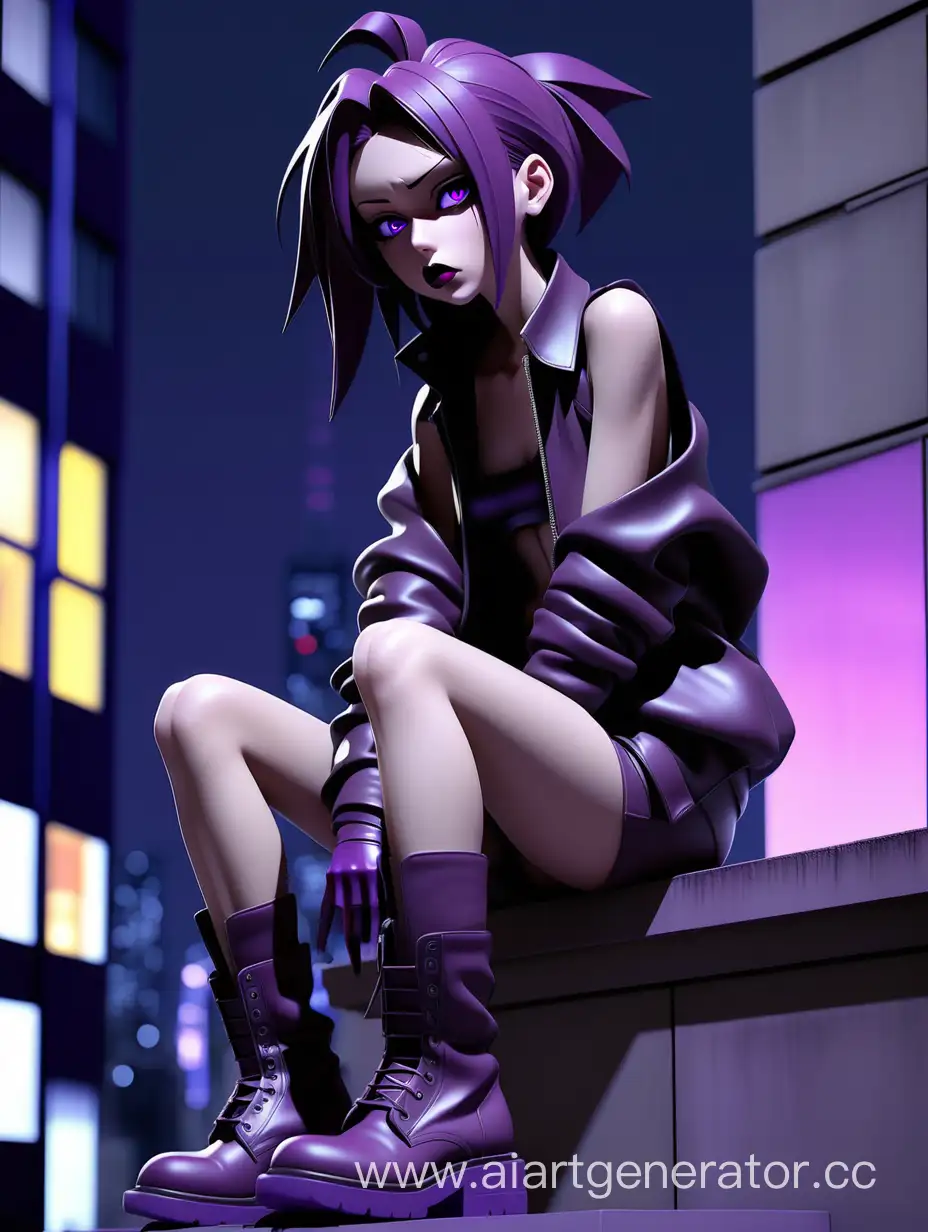 3d anime girl sitting on the building, clothes: archive fashion, balenciaga, rick owens kiss boots colors: dark purple, night atmosphere, tokyo lightings