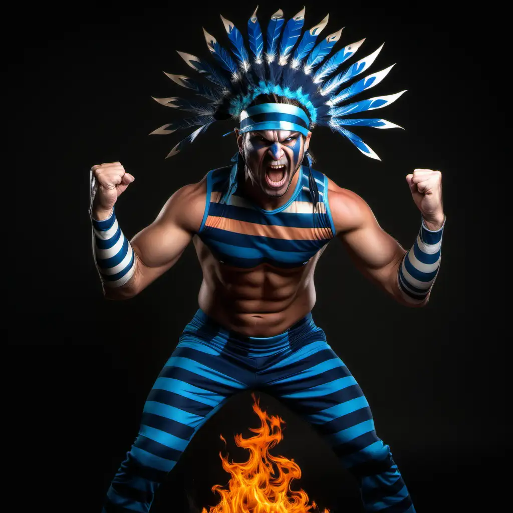 angry fit handsome man, navy blue pacific blue skintight horizontal striped costume, navy blue pacific blue Sioux headdress, flaming fists, wrapped in flames, blank background