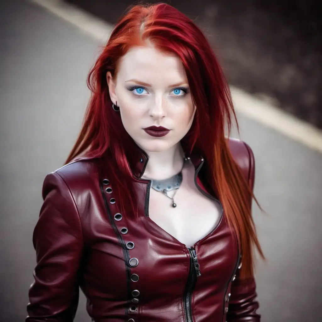Young redhead with piercing blue eyes wearing dark red leather outfit