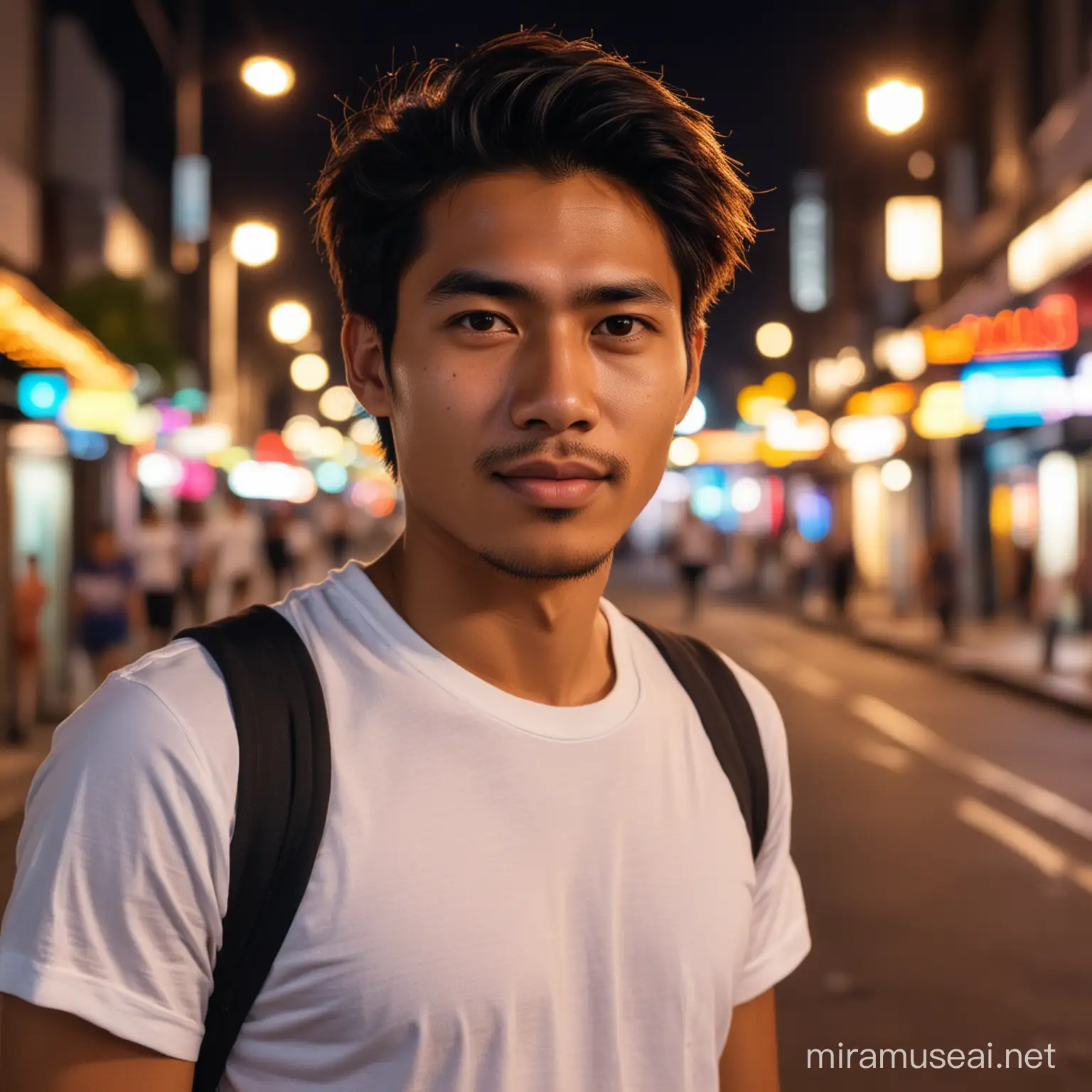 Foto pria indonesia umur25 tahun,rambut medium,baju kaos putih,lokasi jalan malam hari,cahaya lampu warna warni,bokeh