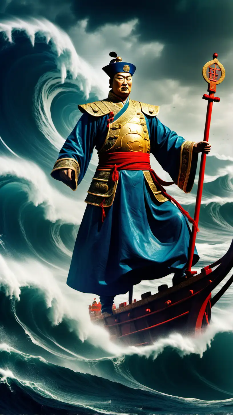 an epic, vivid image of the chinese admiral zheng he in the midst of the turbulent ocean