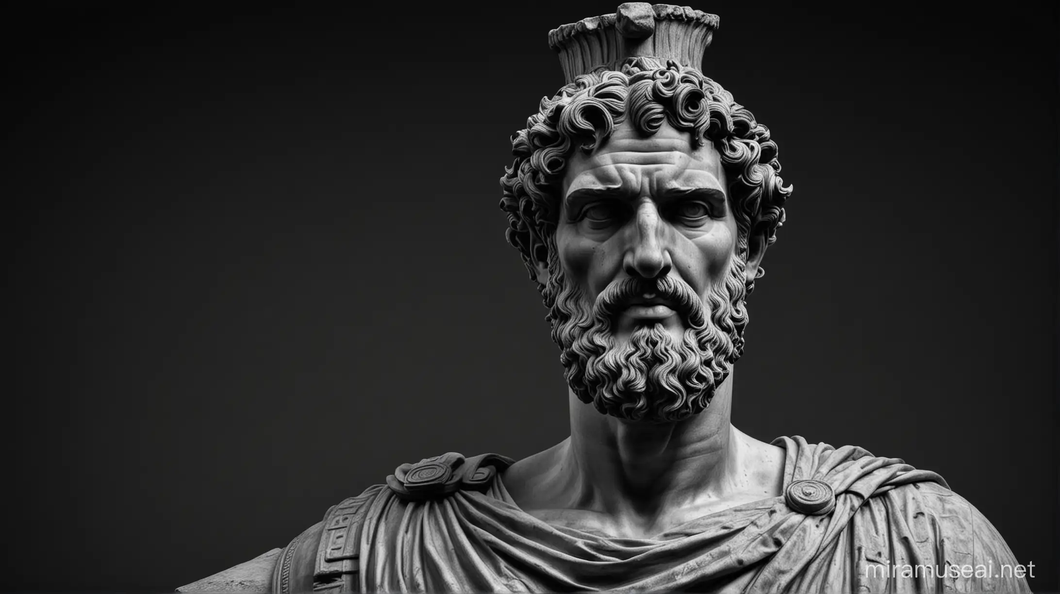 A dark landscape image of an ancient greek society deeply connected to stoicism, black and white, ancient greek architecture, include one single big statue of a stereotypical strong greek man, marcus aurelius --ar 16:9 with blak background

