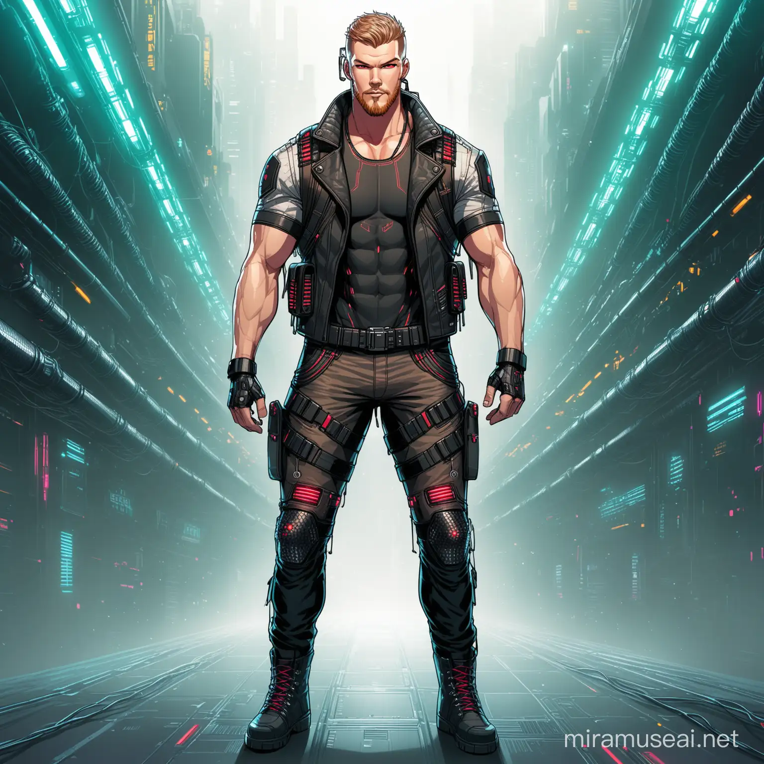 Create a full body portrait for a cyberpunk nomad character looking like Alan Ritchson with red eyes, implants threading and a beard wearing cyberpunk biker gear