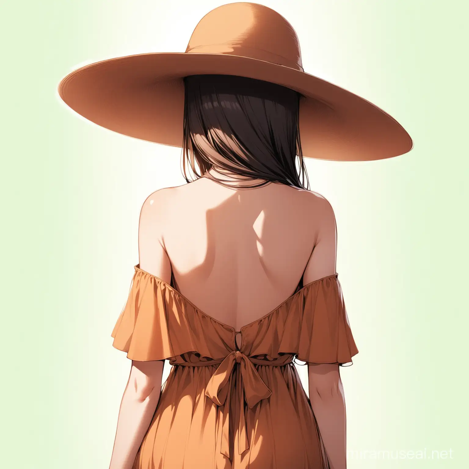 back view of a young woman wearing a wide brimmed hat