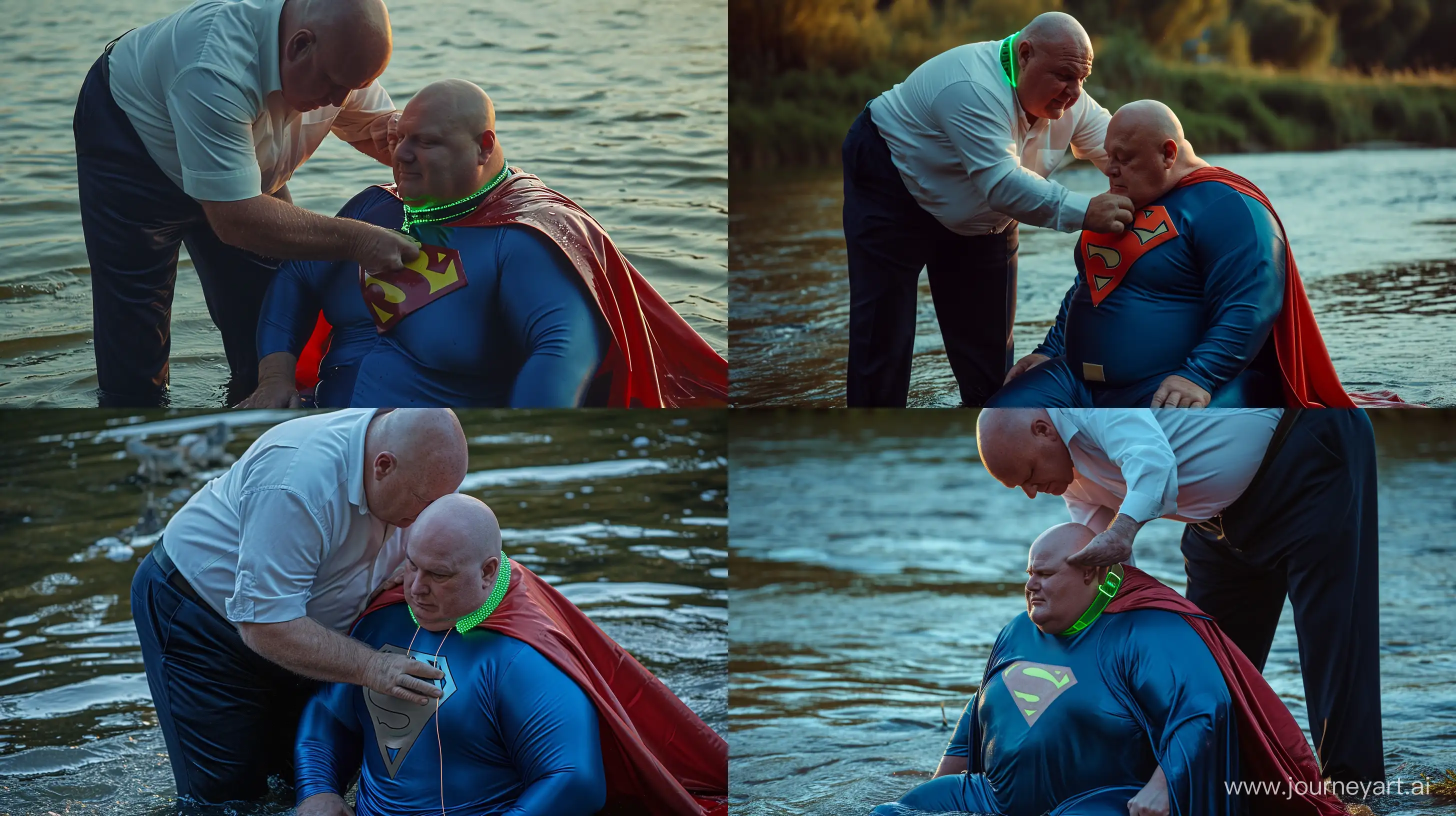A closeup photo of a chubby man aged 60 wearing silky navy business pants and a white shirt, bending behind and tightening a green glowing small short dog collar on the nape of another chubby man aged 60 sitting in the water and wearing a tight blue silky superman costume with a large red cape. River. Natural Light. Bald. Clean Shaven. --style raw --ar 16:9 --v 6