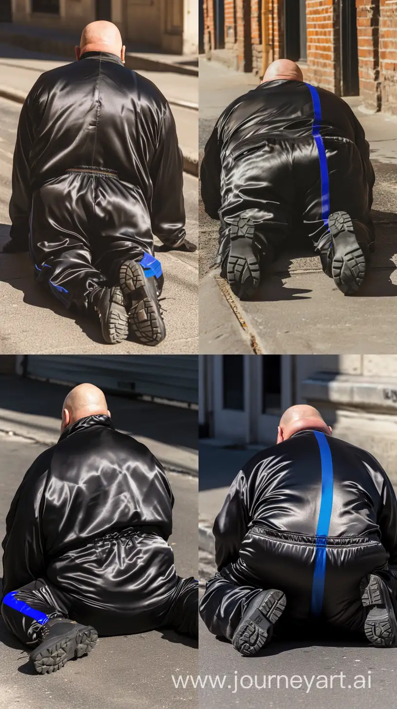 Back view fashion photo of a chubby man aged 70 wearing a silky black tracksuit. Royal blue vertical stripe on the side of the pants. Black Hiking Boots. His is lying face down in the street. Direct Sunlight on his behind. Bald. Clean Shaven. Outside. --style raw --ar 9:16 --v 6