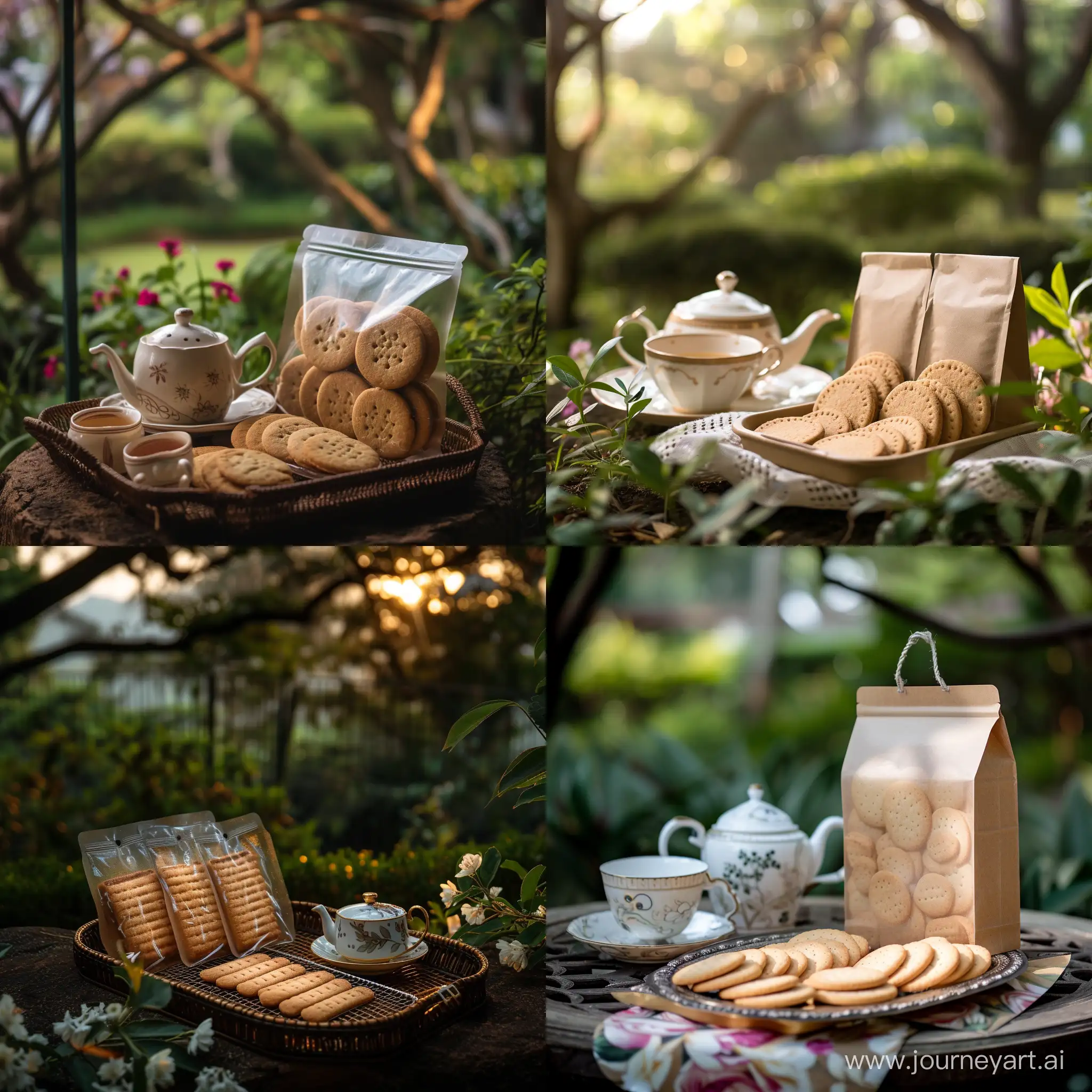 Cookies Packet with cookies in a tray with tea set in a garden, evening time