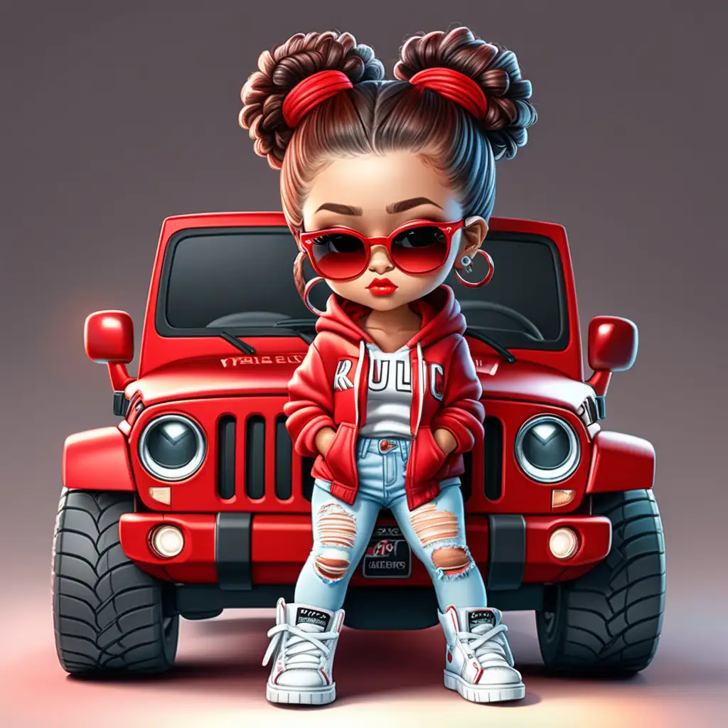 create a gorgeous 3d hyper realistic  cartoon chibi woman full image, she’s crouched down in front of a red raised jeep with white leather interior and red glow effect rims, her black curly hair is in messy space bun, her eyes are blue , lips red, lashes full, she’s wearing a cropped top red hoodie torn white jeans and red uggs, with white sunglasses on her head