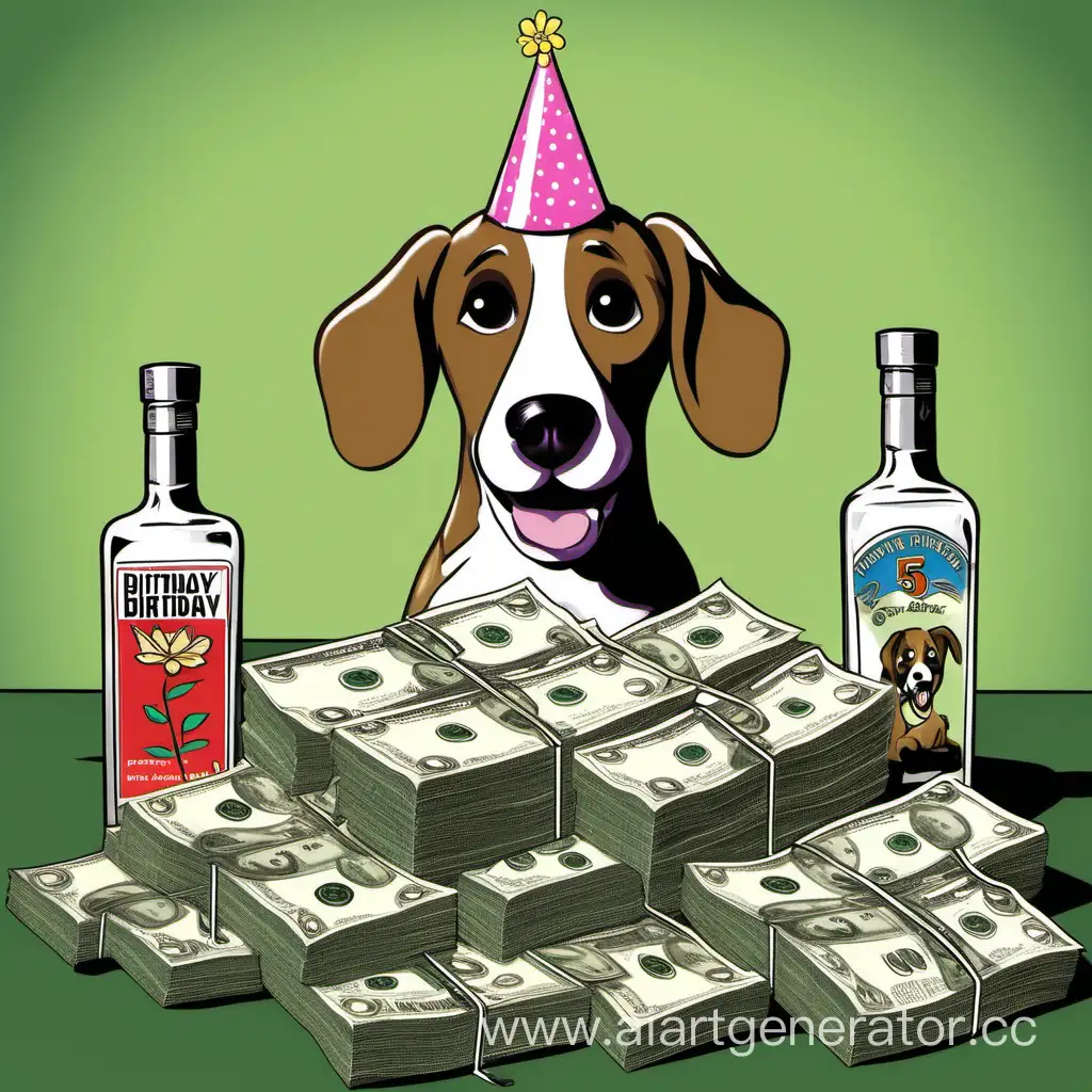 Celebratory-Dog-with-Flower-Vodka-and-Money