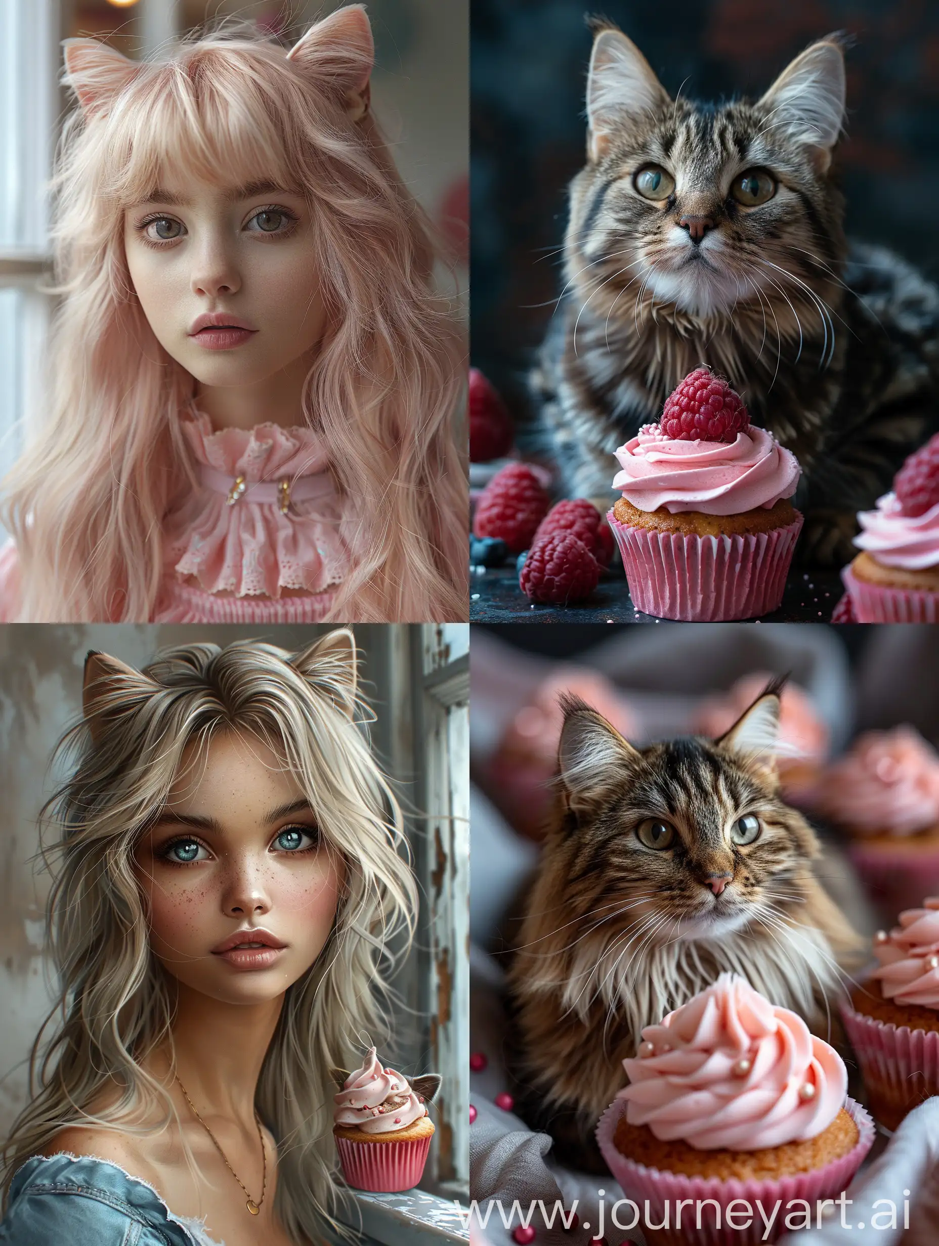 dark blonde hair, cute cat, pink cupcake --style raw --stylize 750.