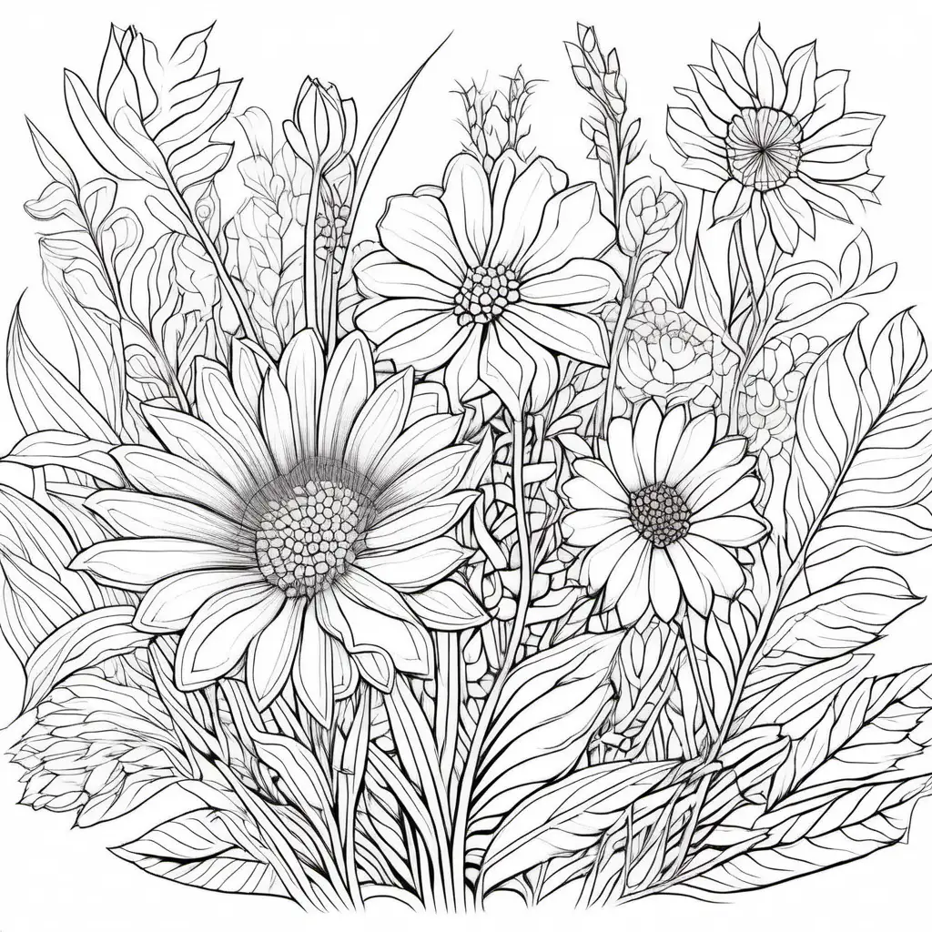 Flower Coloring Page Detailed Line Drawing for Relaxation and Art Therapy