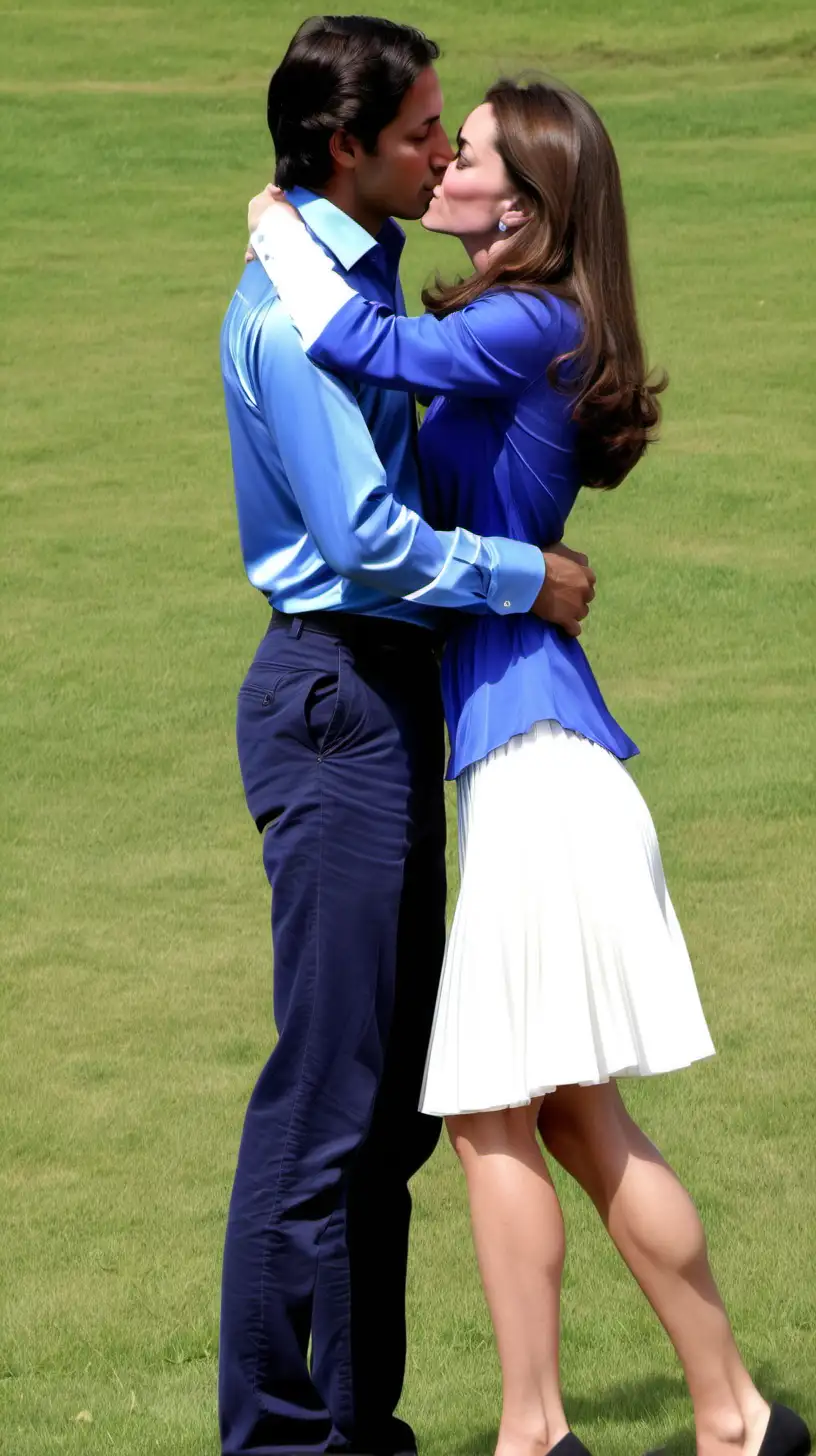 young adult indian andean man hugs againts him  and gives a french kiss to Young adult Kate Middleton long dark brown hair, long sleeved royal blue stretch silky satin shirt blouse and white pleated skirt and black pumps, in very brightly Park