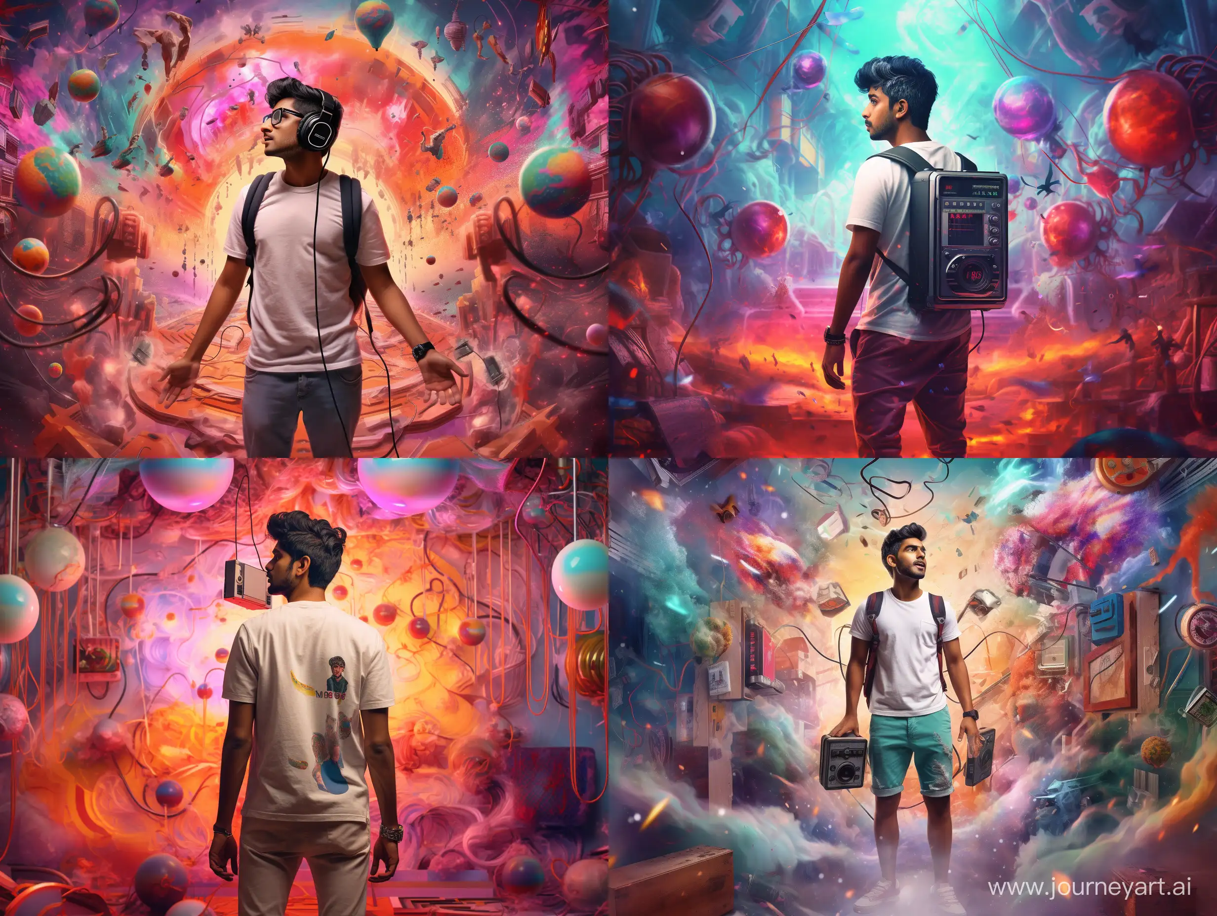 Full body photo an indian guy, holding an old amplifier, wearing headphones, amazed, standing in a color full space, time travel illustration behind, HD.