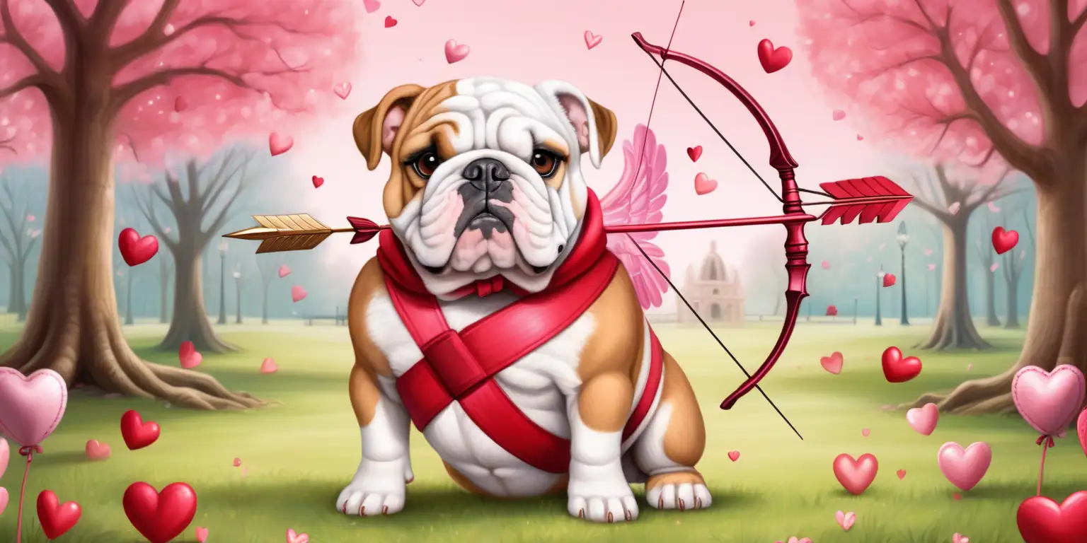 Fawn English Bulldog dressed up as cupid for valentines day with a bow and arrow looking for targets in a park. Im printing this on a mug,