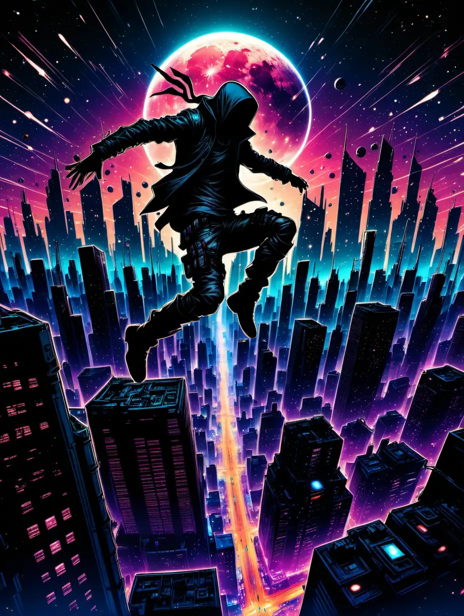The silhouette of assassin jumping above a vibrant and dense cyberpunk city:: add stars in the night sky and something falling from the sky onto the center of the city 