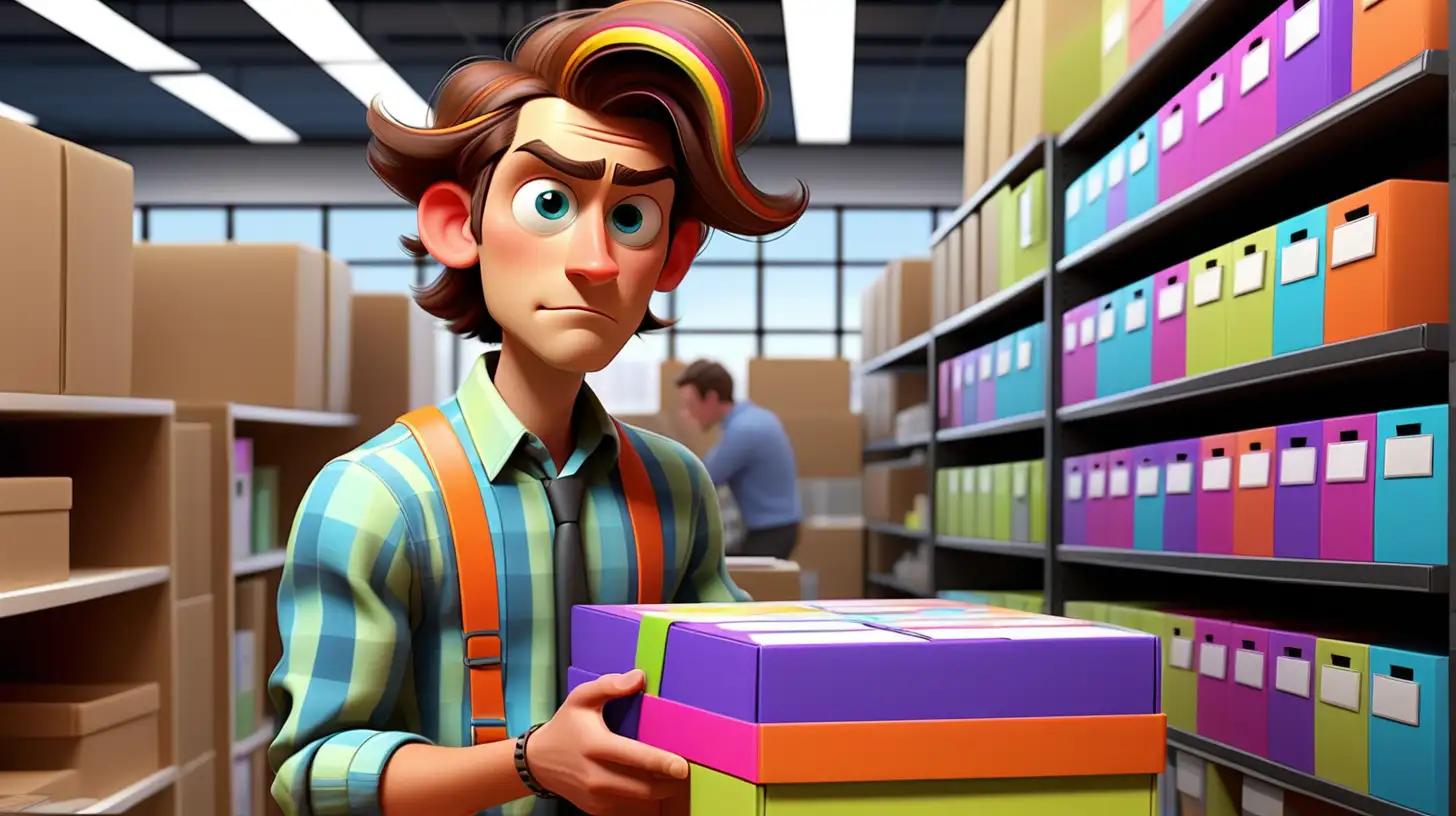 Young male small business owner with colorful clothes and medium length hair, at an office supply store holding accounting software boxes trying to decide which one to buy colorful pixar style with no watermark.