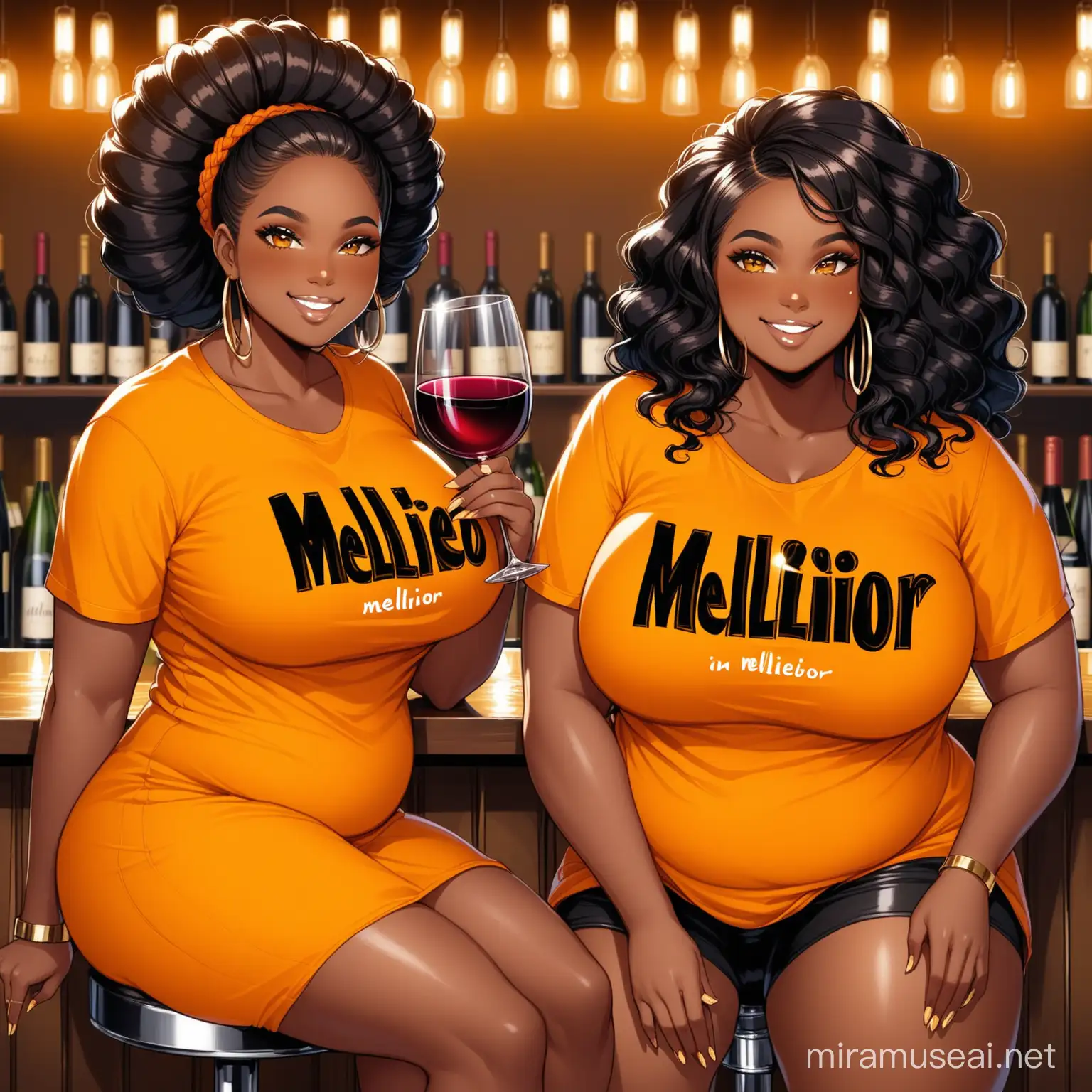fat beautiful dark skin girls, 2 shades of dark skin, African hairstyles, rich, Pretty black woman, wearing a orange shirt with the words MellieBIOR written in black on the shirt, sitting on a bar stool smiling, wine glass in hand, with long beautiful black hair