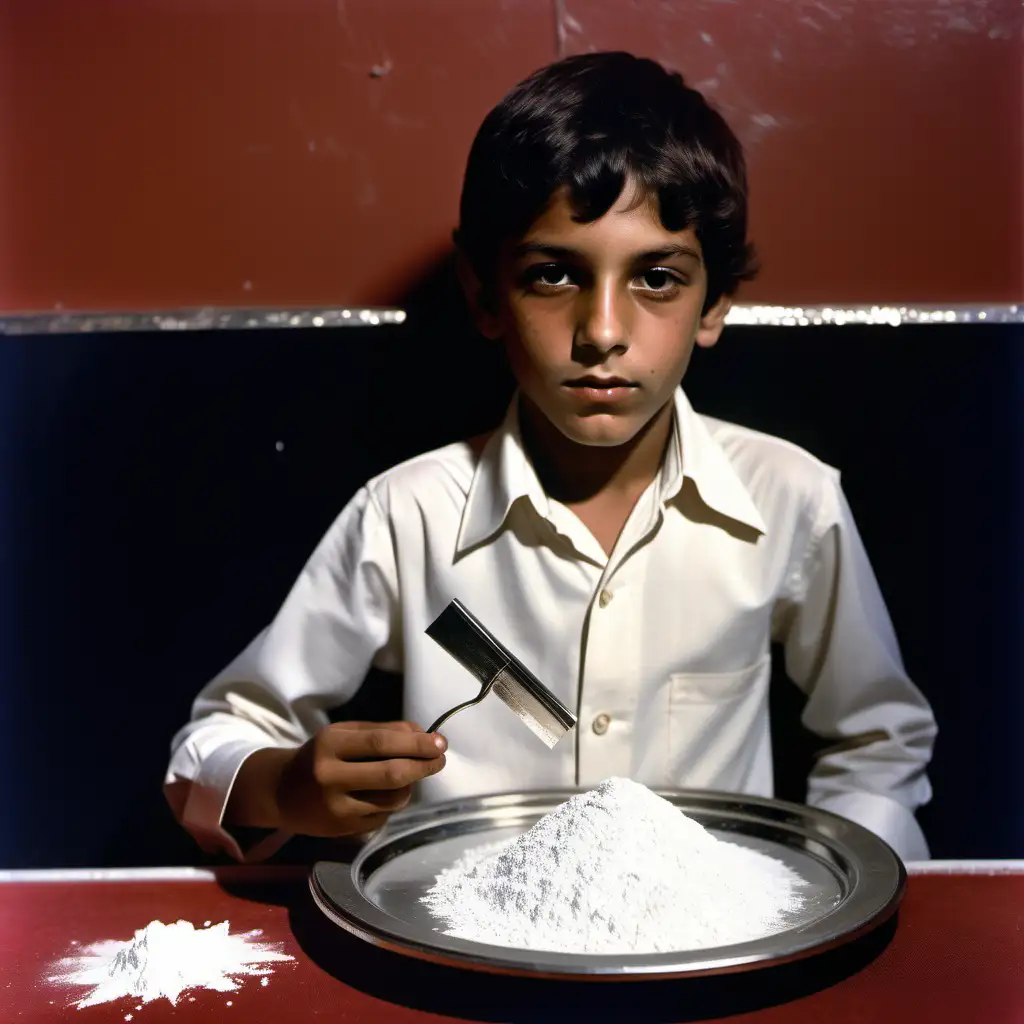 A tween Romani boy holding a tray with a mound of white powder a razor blade and a straw on it, at a 1970s casino nightclub, color image