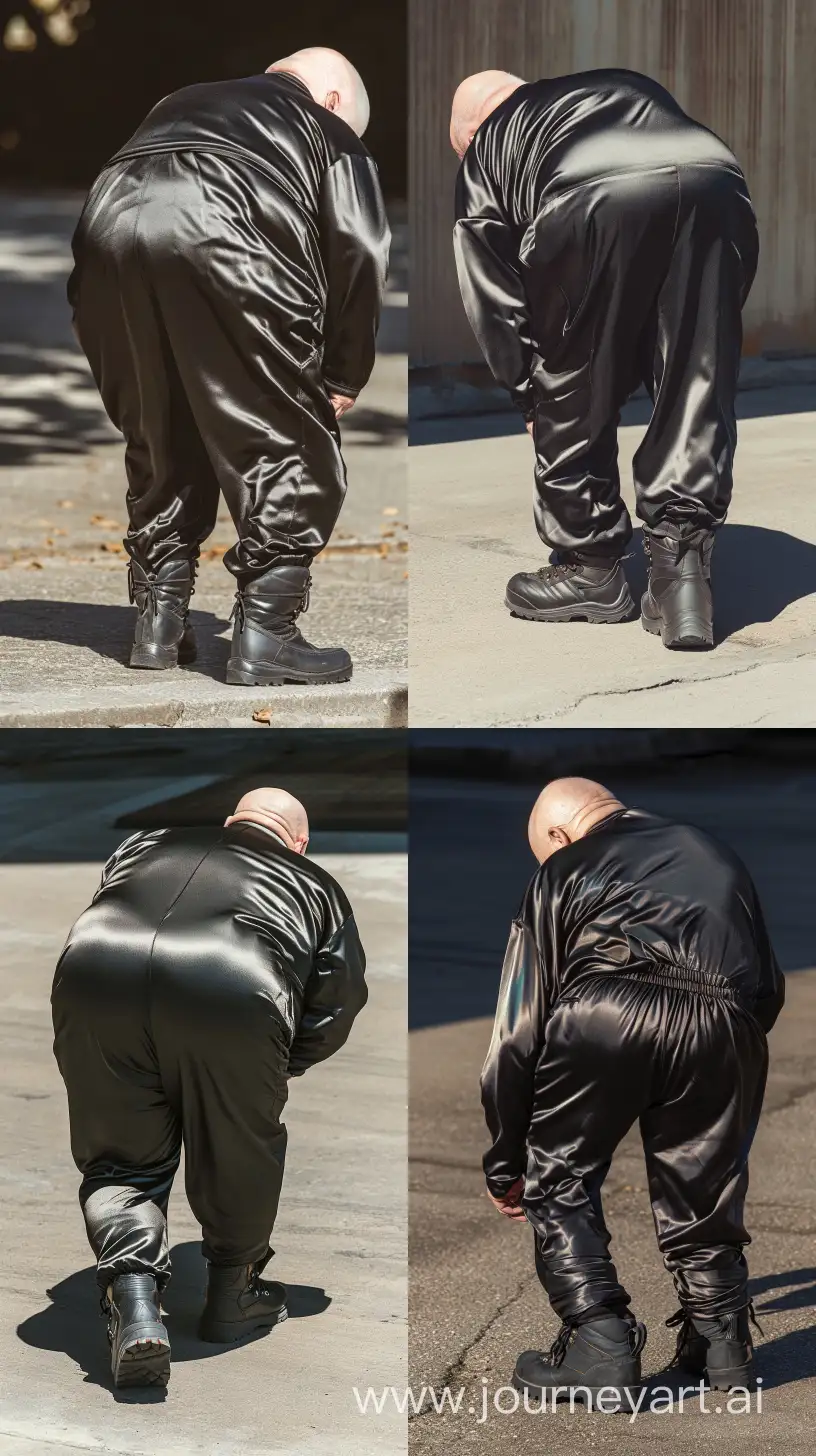 Back view fashion photo of a chubby man aged 70 wearing a silky black tracksuit. Black Hiking Boots. He is bending over. He is walking. Direct Sunlight on his behind. Bald. Clean Shaven. Outside. --style raw --ar 9:16 --v 6