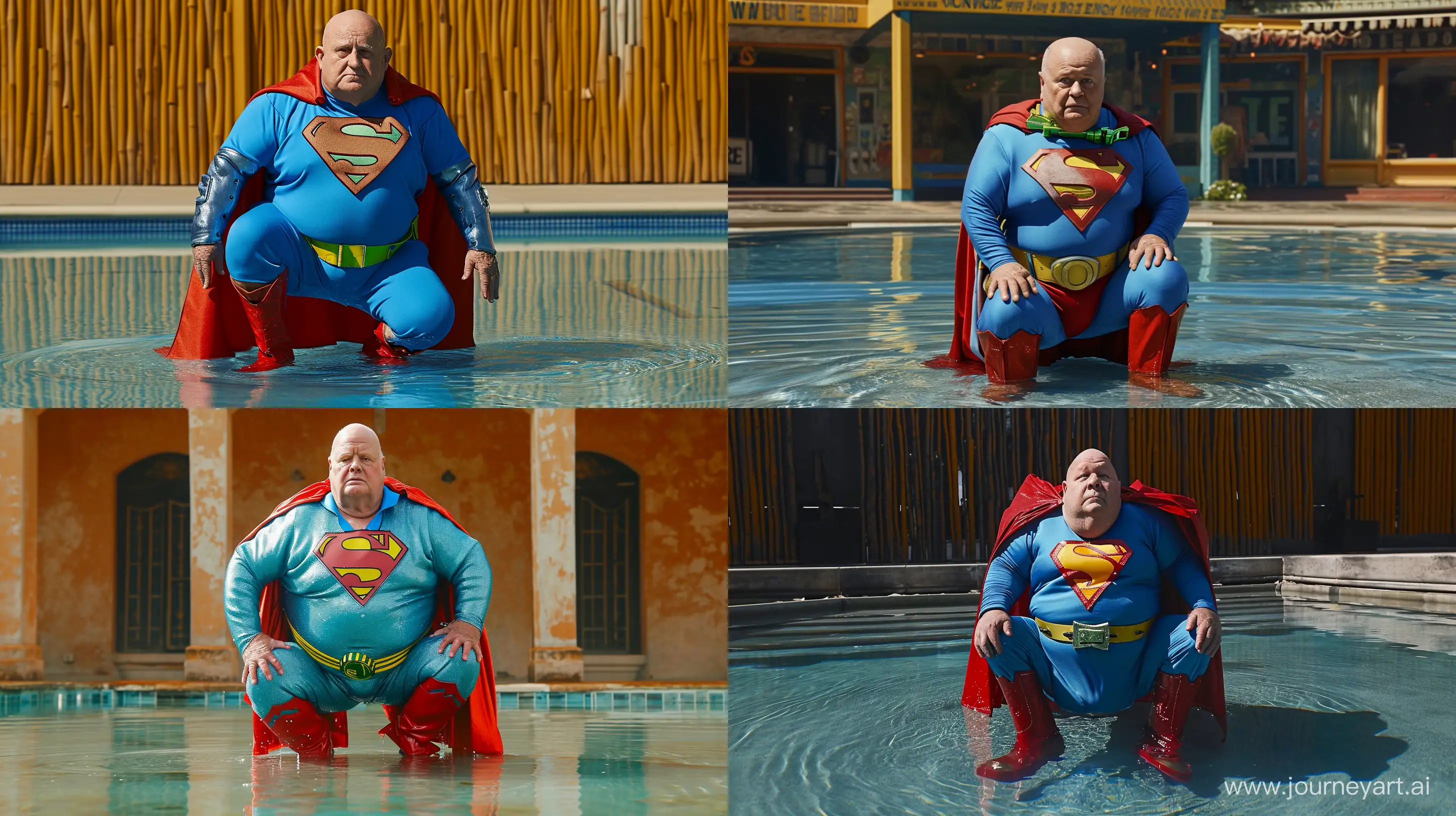 Photo of a chubby man aged 70 kneeling in a shallow pool. He is wearing a  slightly shiny blue superman costume with a big red cape, red boots,  blue shirt, blue pants, yellow belt and red trunks. He wears a heavy shiny green dog collar. --style raw --ar 16:9 --v 6