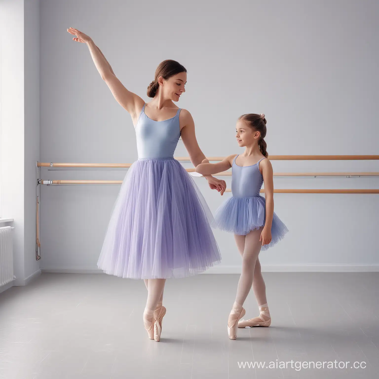 В новой балетной студии, учатся танцевать мама с дочкой. На них надета пачка в нежном градиенте сине-фиолетовых оттенках