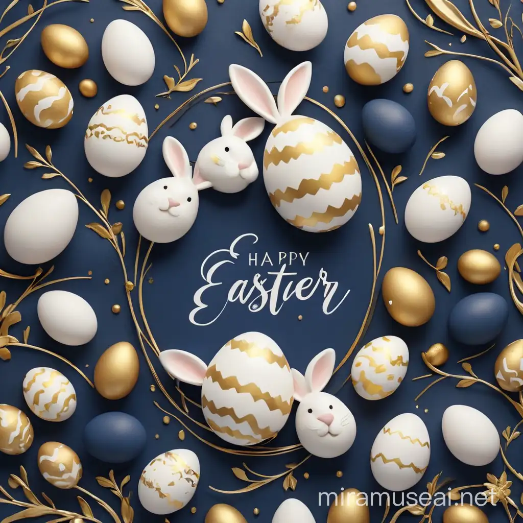 Elegant Happy Easter Poster in White Dark Blue and Gold Tones