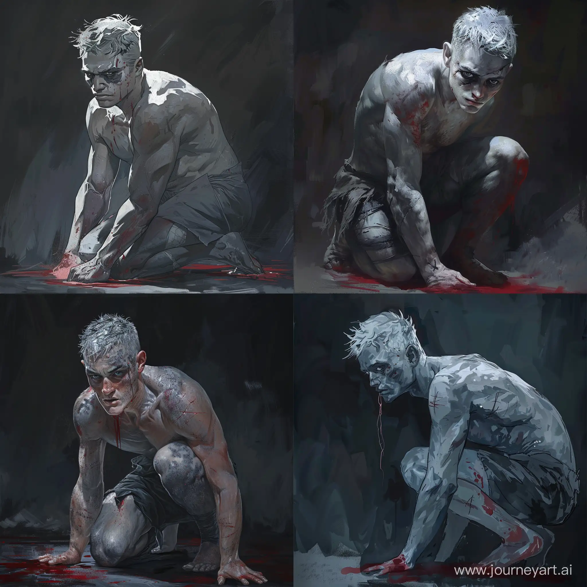An athletic gray-skinned man is kneeling, he has short blond hair with strands hanging down in front, gray eyes, looks from under his brows, scars on his face. The man is covered in red liquid. Darkness in the background