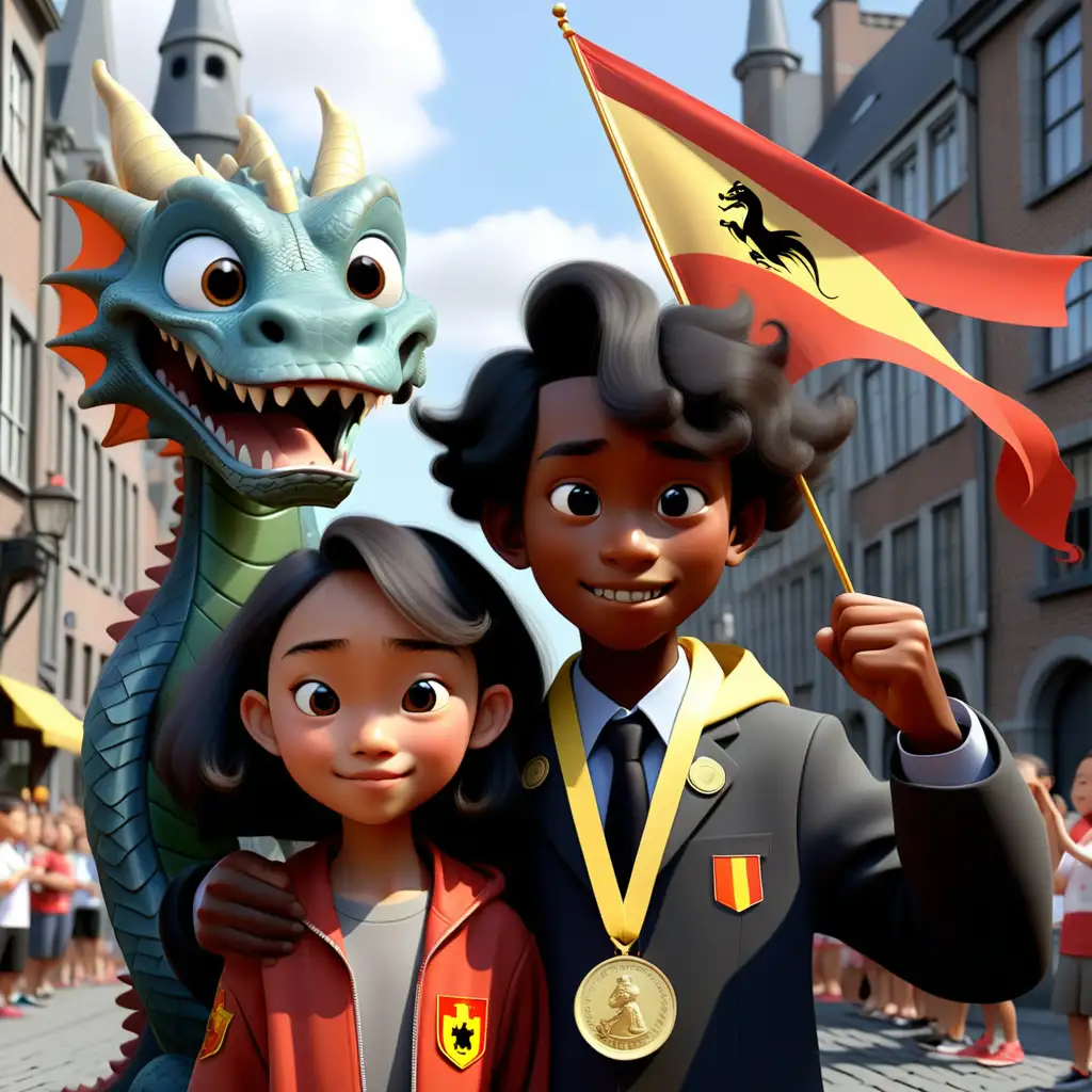 Disney Pixar Style.In Ghent, a belgian black boy with more hair. A Taiwanese asian-looking girl receive a big medal with a dragon from the mayor. People are waving the flag of Belgium.
