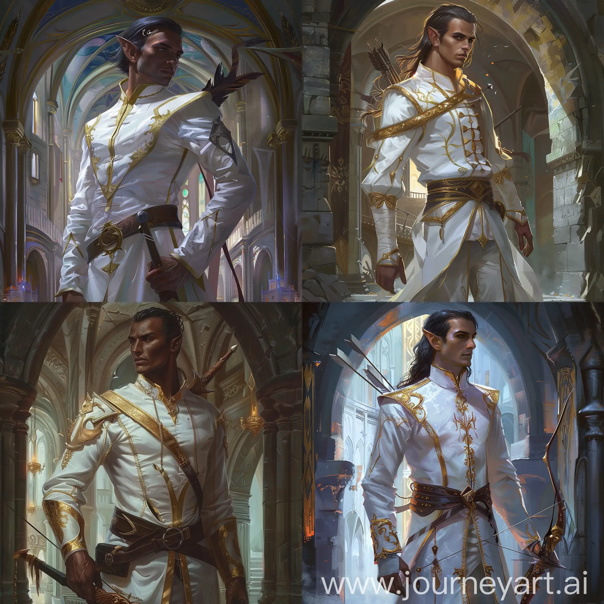 sfw male drow ranger, inside an elven castle, wearing white elven noble outfit, gold trim on outfit, bow on back, waist up portrait, dnd, medieval fantasy, concept art