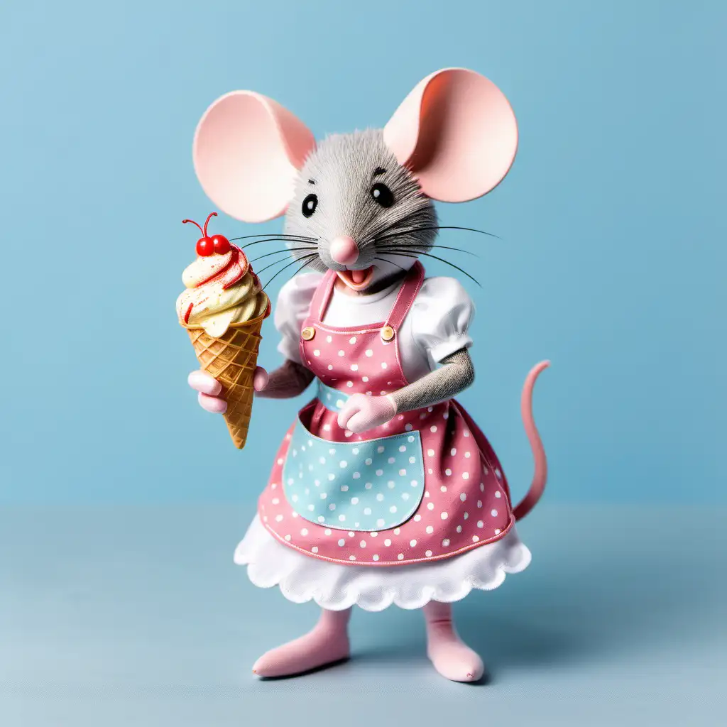 create delicate girl mouse in apron holding ice cream