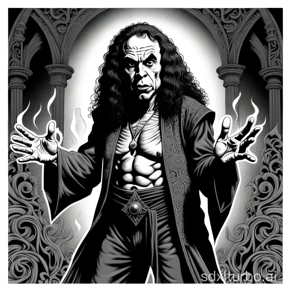 an older Ronnie James Dio:gypsy rogue, concerned expression, ((full body, plain white background chroma)), black and white ink artwork, high contrast, heavy lines, style of horror, style of woodblock print, style of AD&D, by David A. Trampier,