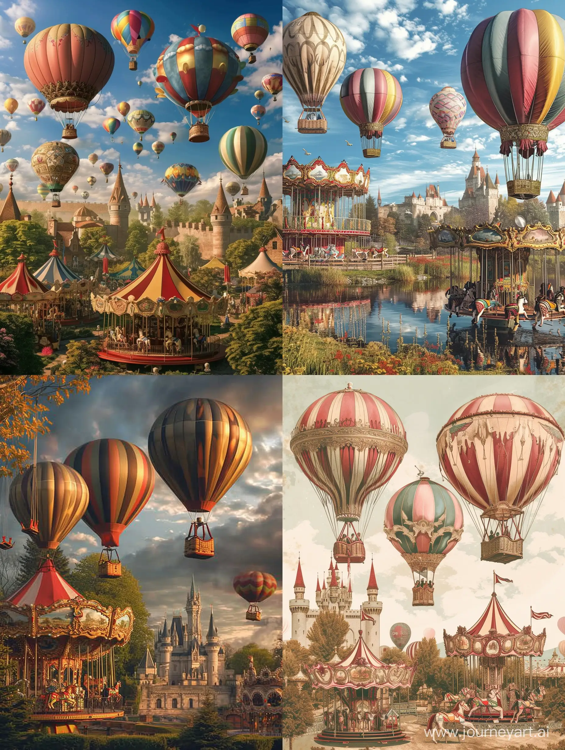 Amusement park, hot air balloons, carousel, castle.