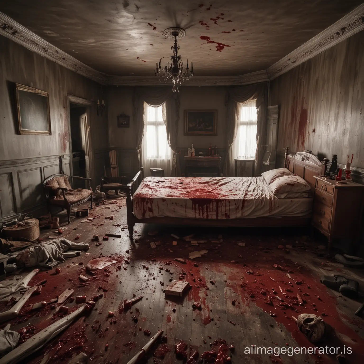 Fully furnitured room with a bloody dead body in the middle