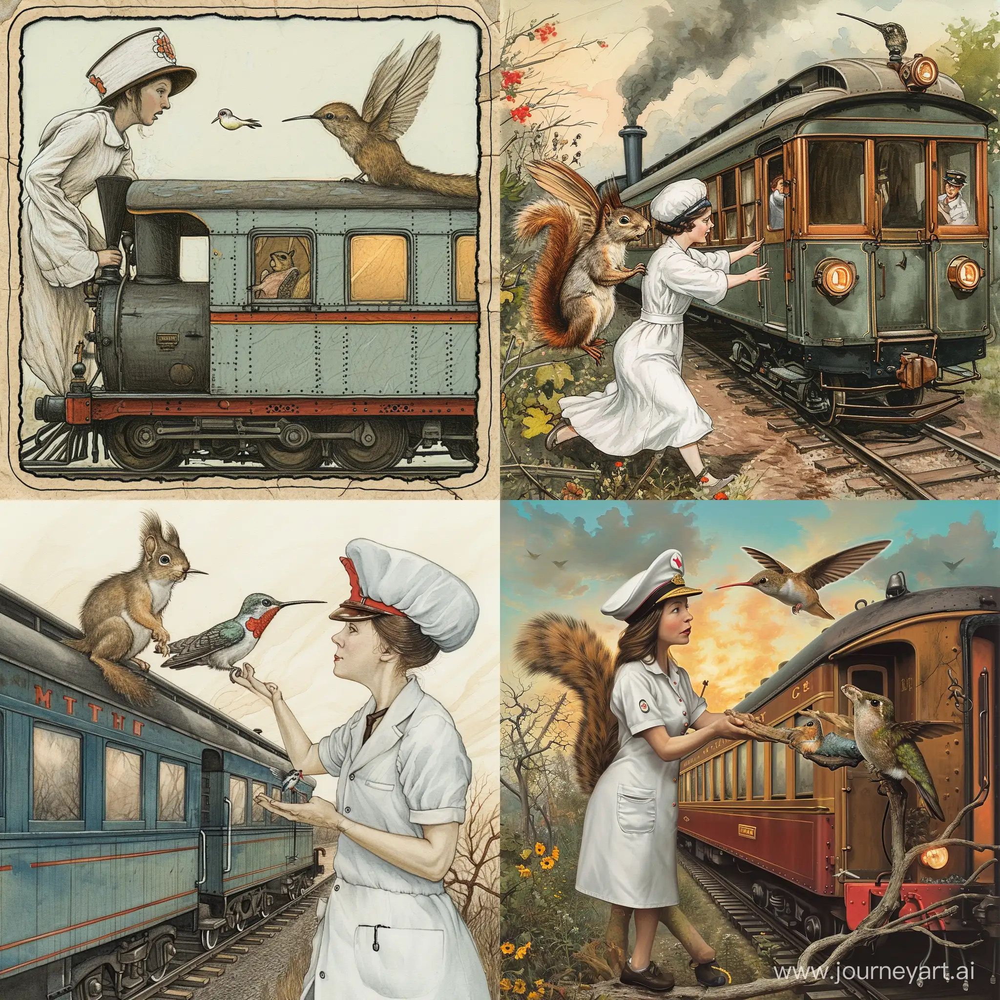 Nurse-Confronts-Squirrel-and-Hummingbird-on-Locomotive