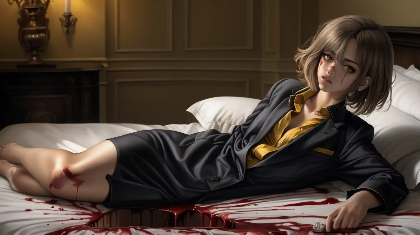 young adult woman, very light skin, dark gray eyes, bronze hair loose, yellow formal dress shirt, black dress pants and jacket, barefoot, ripped blouse, nudity, breasts exposed, laying on a fancy hotel bed covered in blood stains