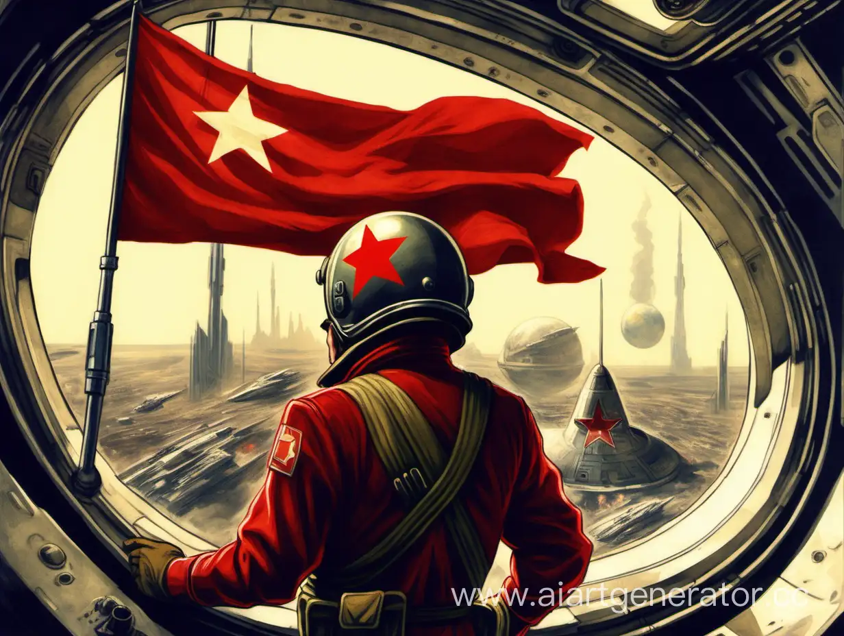 Soviet-Soldier-with-Red-Flag-in-Spaceship-Overlooking-Coruscant