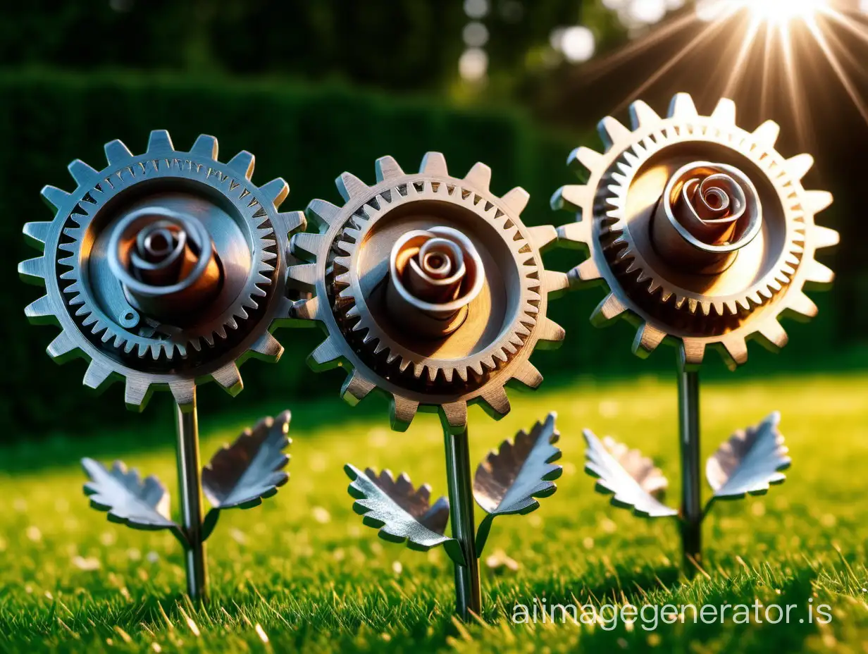 roses made of metal stems protrude from gears against the background of a green lawn bright rays in contrasting lighting