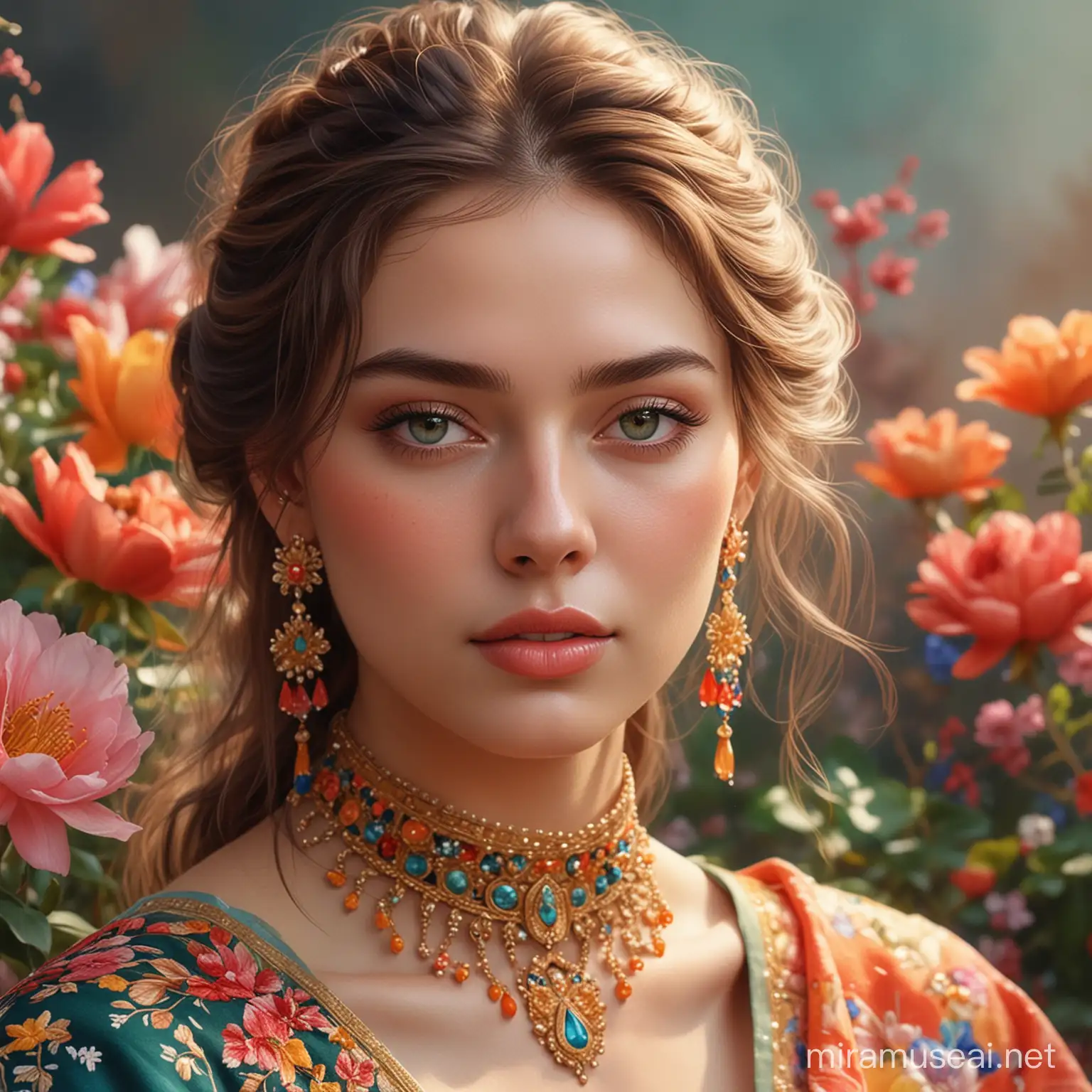 A digital painting of a woman with a serene and gentle expression. Her complexion is fair with a soft glow, and her hair is neatly styled, showing a hint of elegant earrings and a floral accessory. The portrait is adorned with a vibrant explosion of watercolor splashes and floral elements that surround her, blending seamlessly into her attire. Her clothing is a traditional outfit richly decorated with embroidered floral designs, blending with the watercolor effect. The colors are a mix of vivid and pastel hues, including reds, yellows, blues, and greens, creating a dynamic and ethereal atmosphere. Her lips are tinted with a subtle coral shade, and her eyes are soft and welcoming. The overall style is a fusion of realism and abstraction, emphasizing the beauty of the subject amidst a burst of colors, , 32k render, hyperrealistic, detailed.