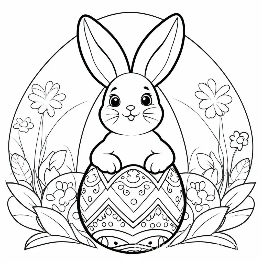 one easter egg with cute bunny pattern without background, Coloring Page, black and white, line art, white background, Simplicity, Ample White Space. The background of the coloring page is plain white to make it easy for young children to color within the lines. The outlines of all the subjects are easy to distinguish, making it simple for kids to color without too much difficulty