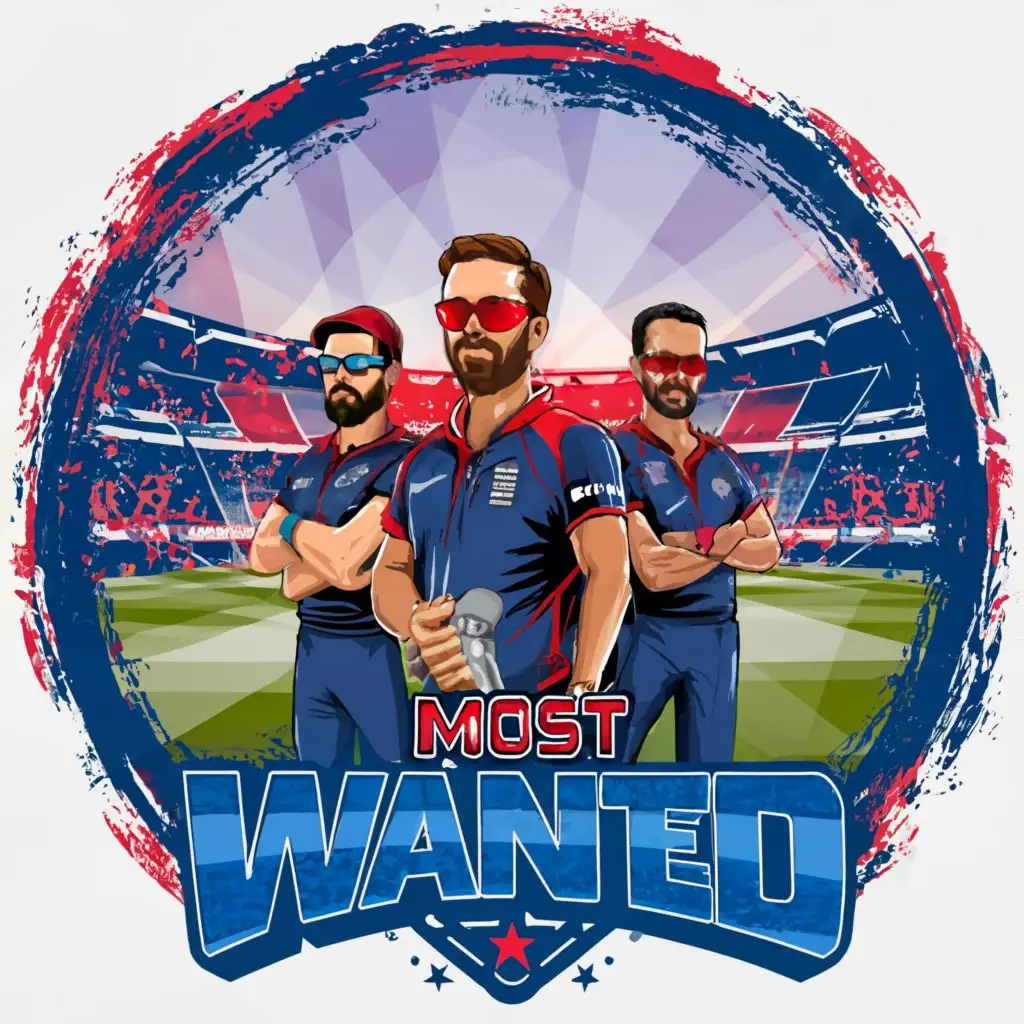 Create a Cricket Team Logo With the name "MOST WANTED" with red color text, Players wearing dark blue color jersey and Sunglasses in the cricket ground AND BRIGHT COLOUR BACKGROUND.