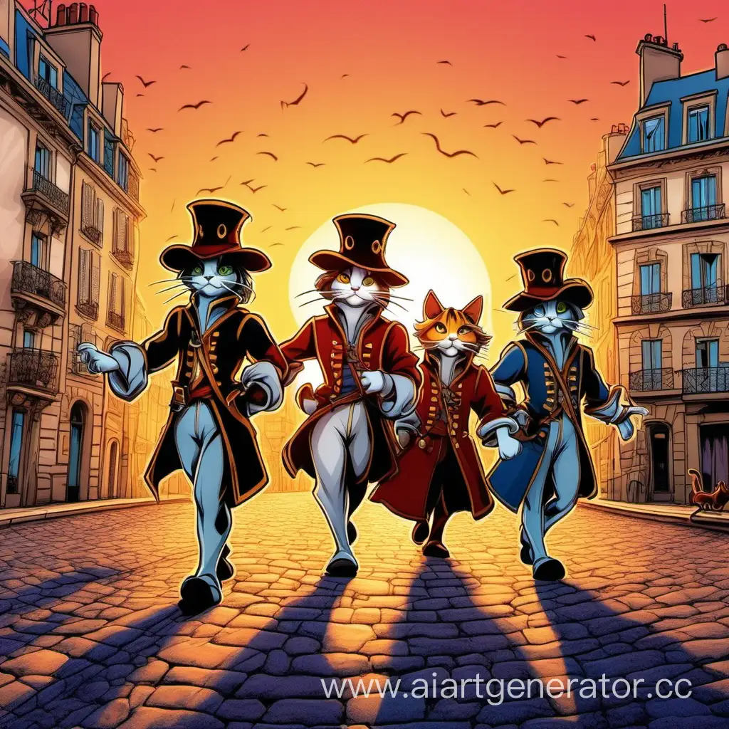 A color picture where Three Musketeer  different cats in hats cross at sunset against the backdrop of Paris in the style of a Disney cartoon