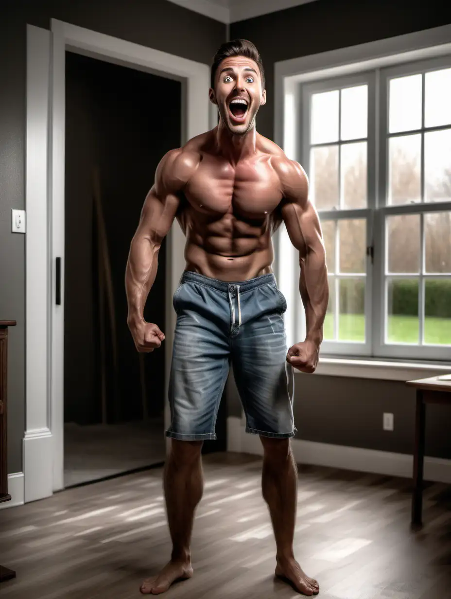 Happy Muscular Man Surprised by His Transformation in Home Setting