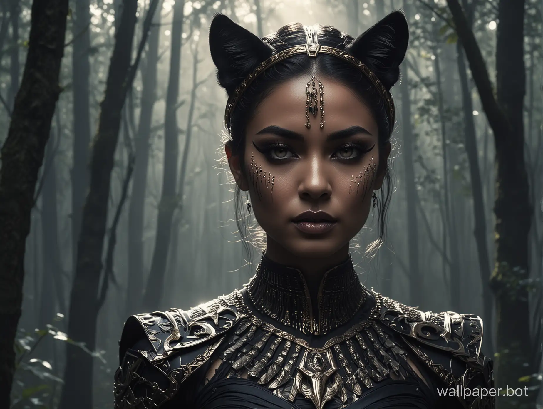 A mesmerizing cinematic poster featuring a powerful panther queen warrior woman, embodying a captivating fusion of fierce strength and enchanting allure. The queen, adorned with striking black eyeshadow and dramatic cat eyeliner, showcases her feline-like features while dressed in a stunning outfit that combines modern fashion with warrior-inspired elements, such as a metallic armour top and a flowing skirt. The mystical, moonlit forest in the background provides an enchanting setting, with shadows adding depth and dimension to the scene. The overall image radiates confidence, power, and a tantalizing air of mystery., poster, cinematic, portrait photography, fashion